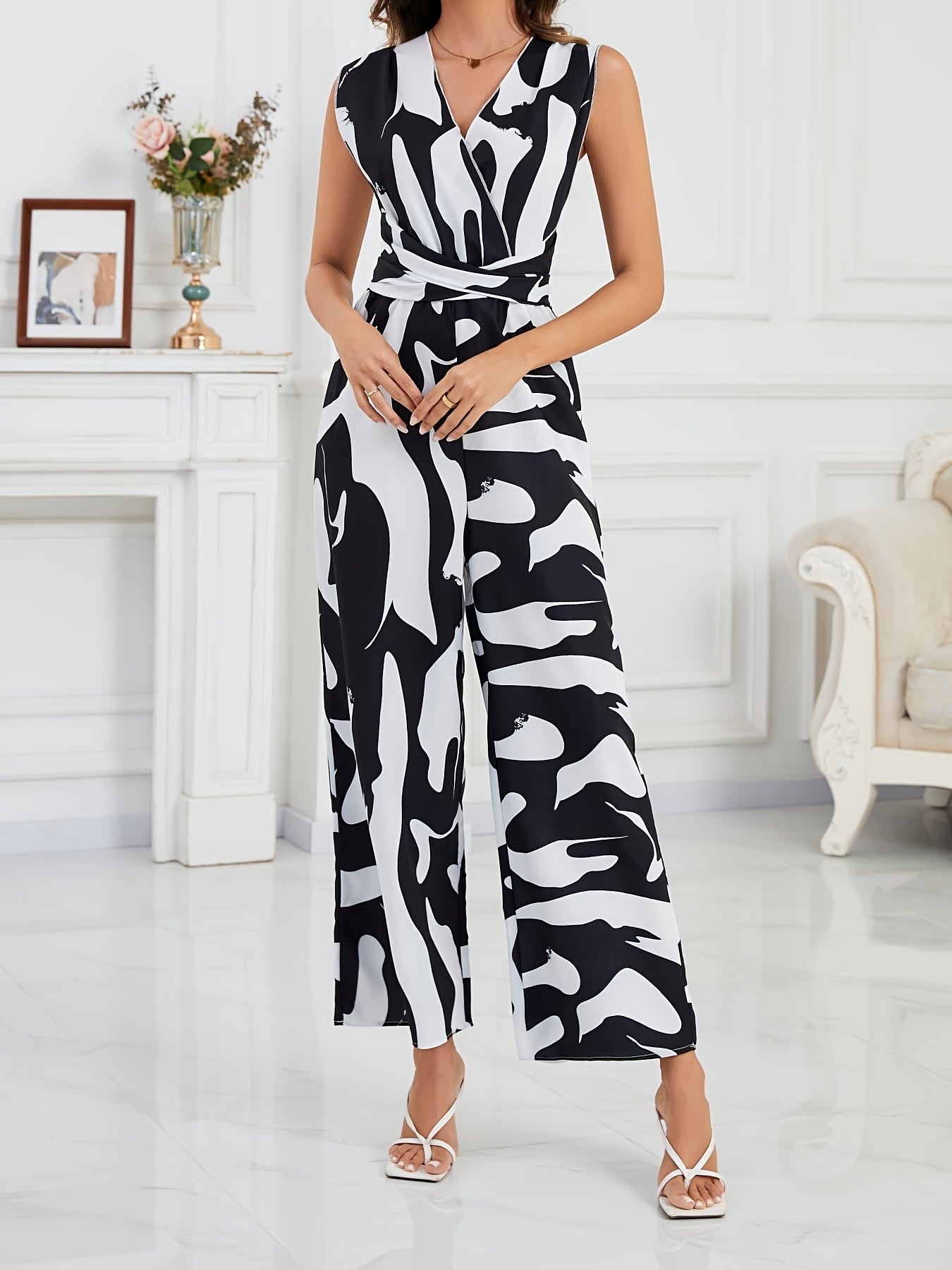 1pc Women'S Fashionable Random Print Backless Jumpsuit