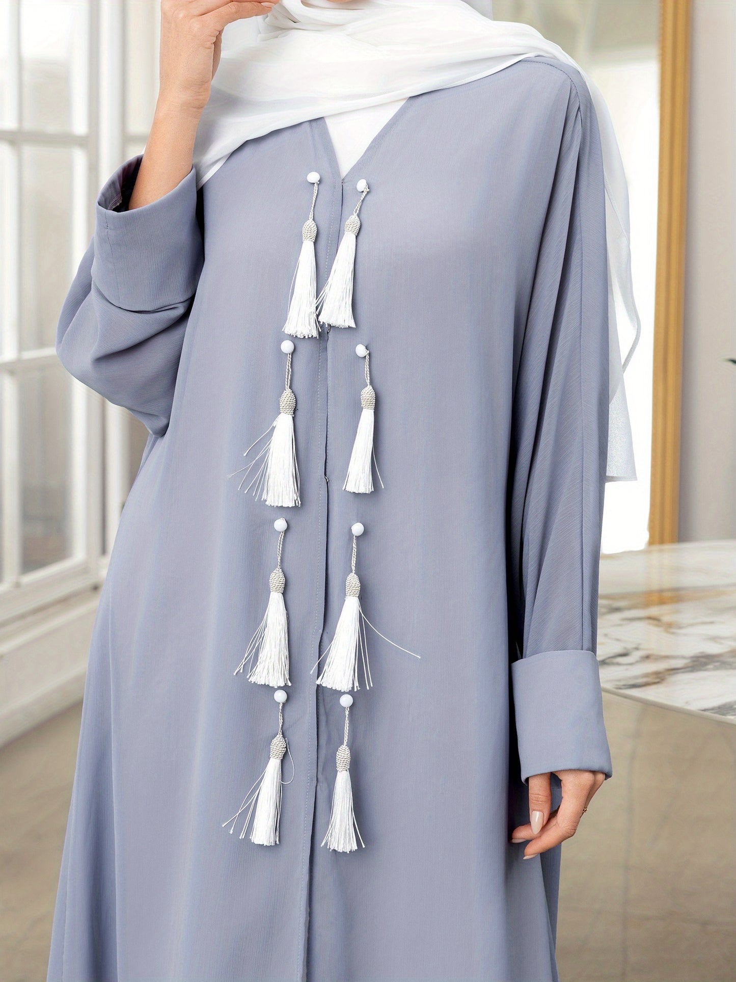 Elegant Gray Long Sleeve Tassel Cardigan - Women’s Loose Fit Caftan Gown for All Seasons, Casual Polyester Robe with Draped Design, Machine Washable