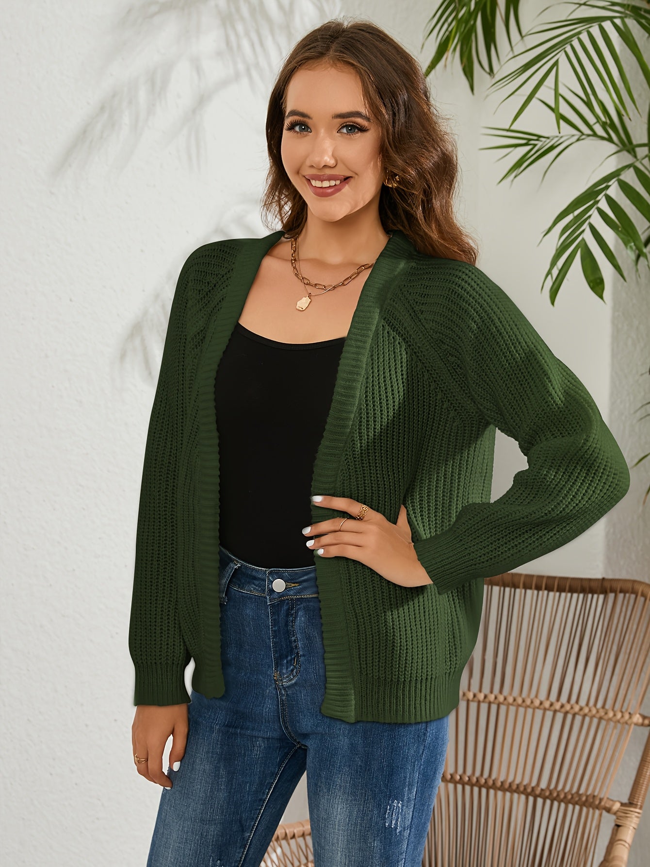 Women'S V-neck Green Khaki Knitted Sweater Long Sleeve Soft Knitted Cardigan Spring And Autumn Outerwear