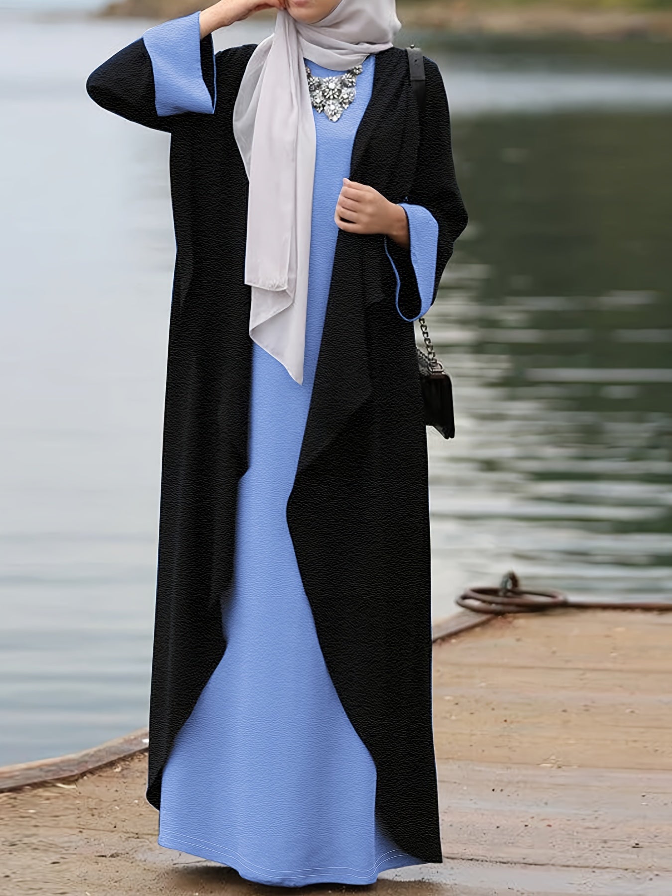 Women's Muslim Long Dress Set - Solid Color, Two-Piece, Includes Robe Jacket