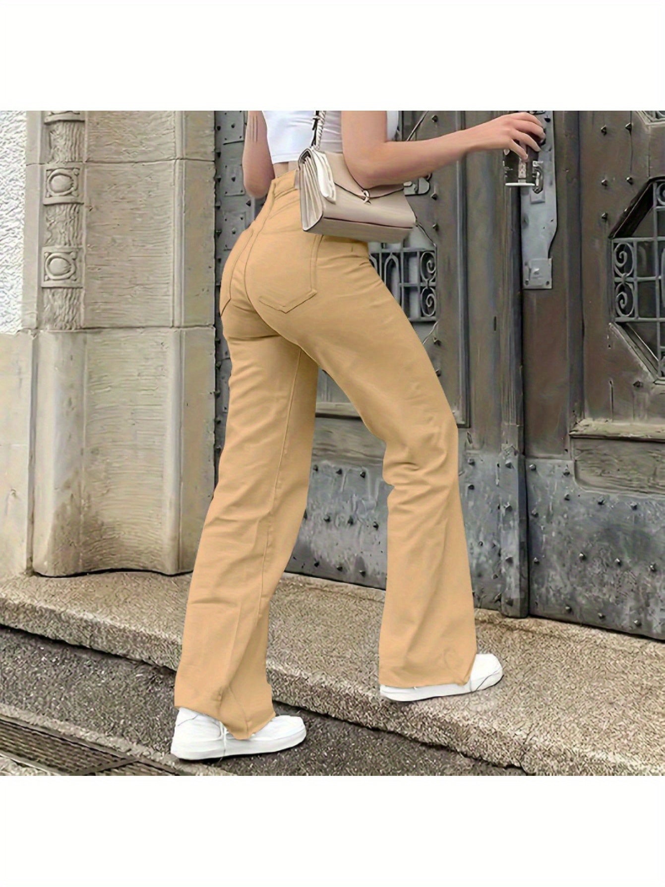 Women'S High-Waisted Straight-Leg Jeans - Stretch Denim with Pockets, Beige, Casual & Workplace Style, Mid-Rise, Flared Design, Perfect for Spring Commuting, High Waisted Jeans
