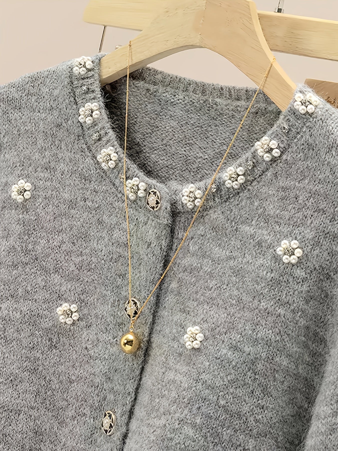 Women's 2025 New Beaded Cardigan Sweater - Soft Round Neck Long Sleeve Button Front Closure with Beaded Collar & Sleeve Trim, Machine Washable Winter Sweater for Fall and Winter, Casual to Semi-Formal Outfits