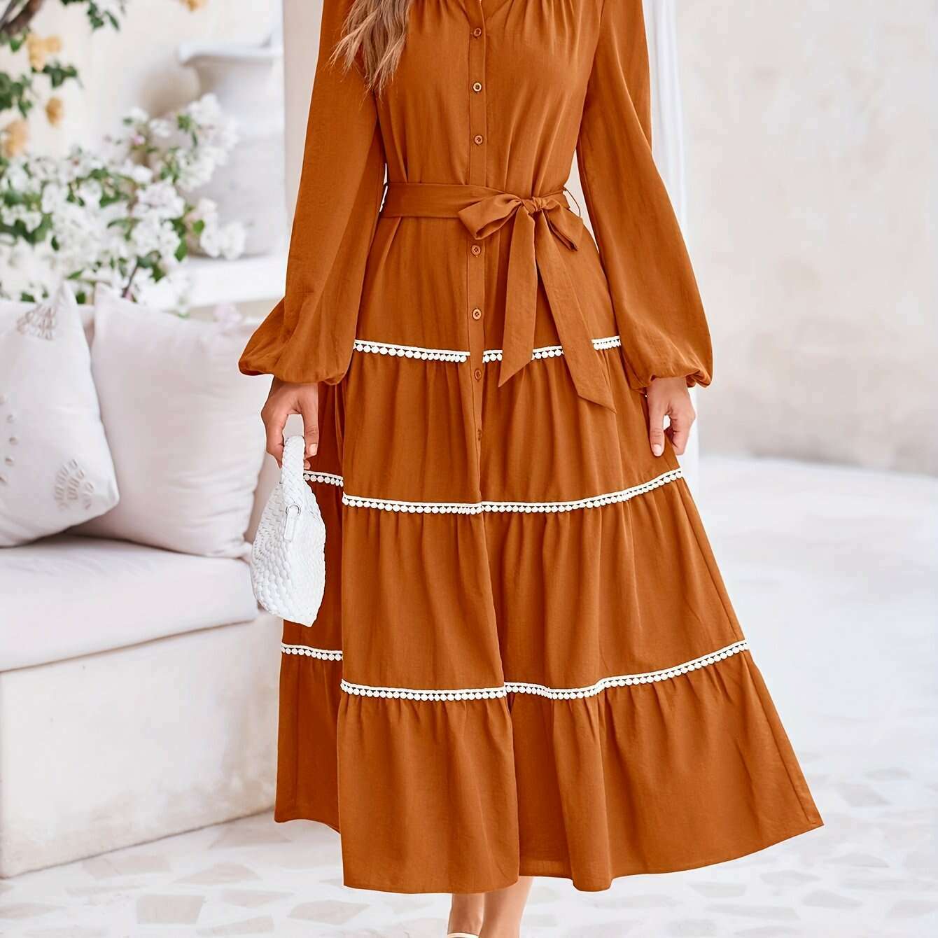 Women'S Spring Casual Dress Loose Drawstring Lantern Sleeve Long Sleeve Tier Dress With Pockets