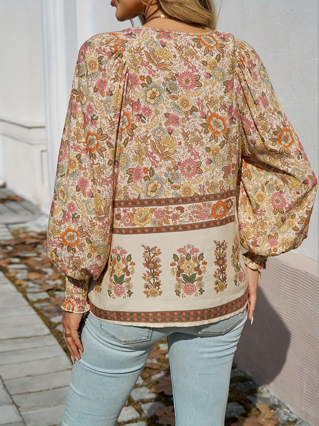 Floral Print V Neck Blouse, Casual Drawstring Long Sleeve Blouse For Spring & Fall, Women'S Clothing