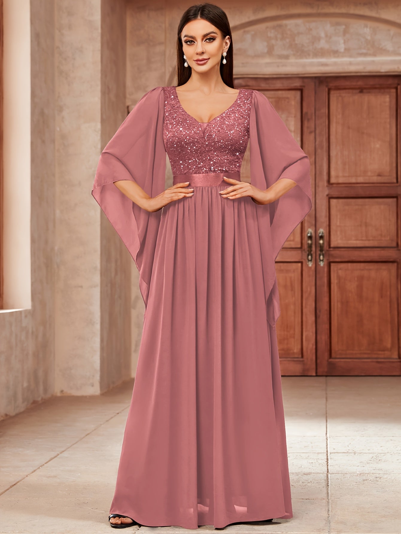 Deep V-Neck Lace Gown – Fit & Flare Sequin Dress