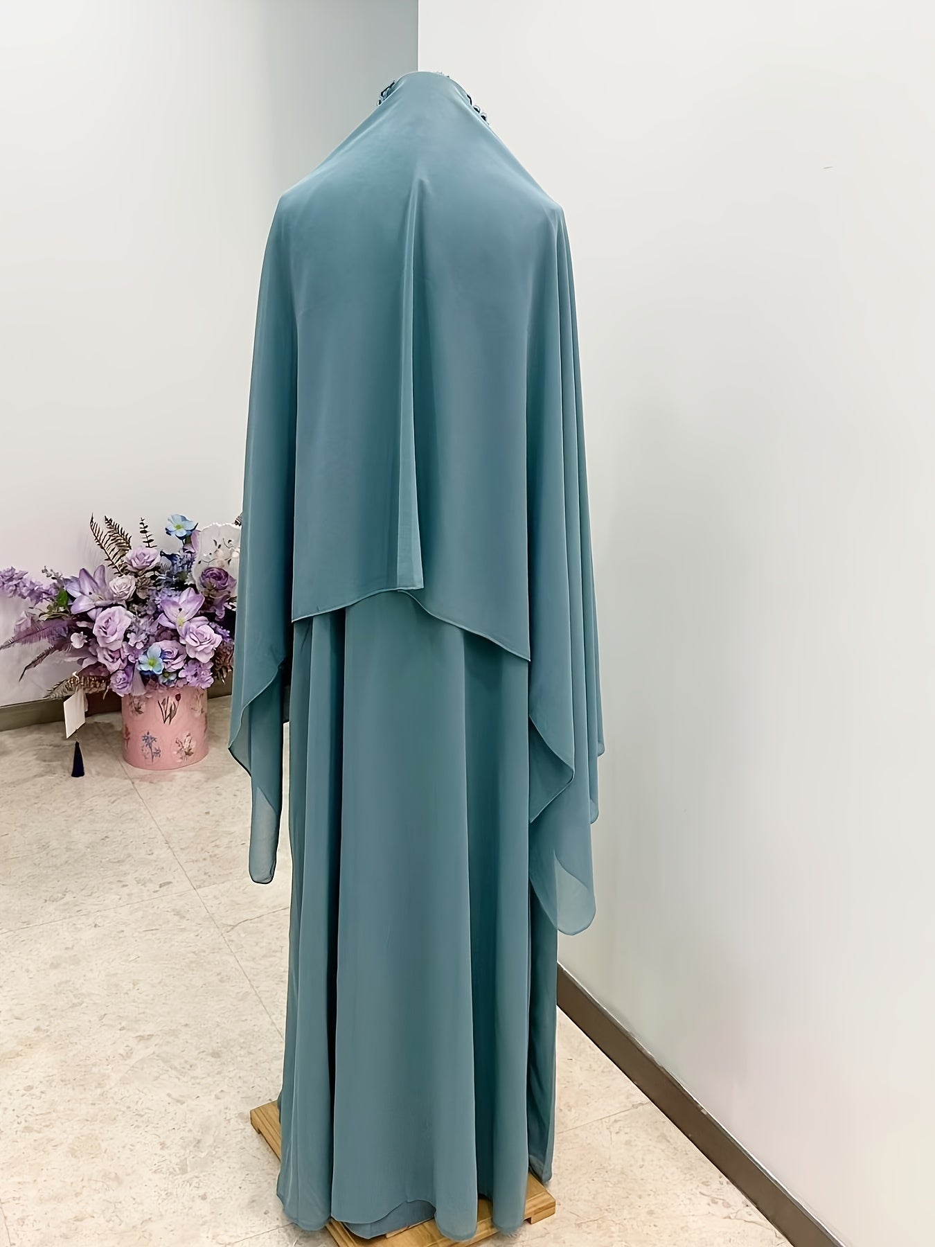 Women's 3pcs Islamic Abaya Muslim Modest Outfit Set - Long Sleeve Elegant Maxi Dress with Lace Hem & Head Veil, Loose-Fit H-Line Silhouette, Machine Washable All-Season Traditional Muslim Clothing for Prayer, Casual Attire &