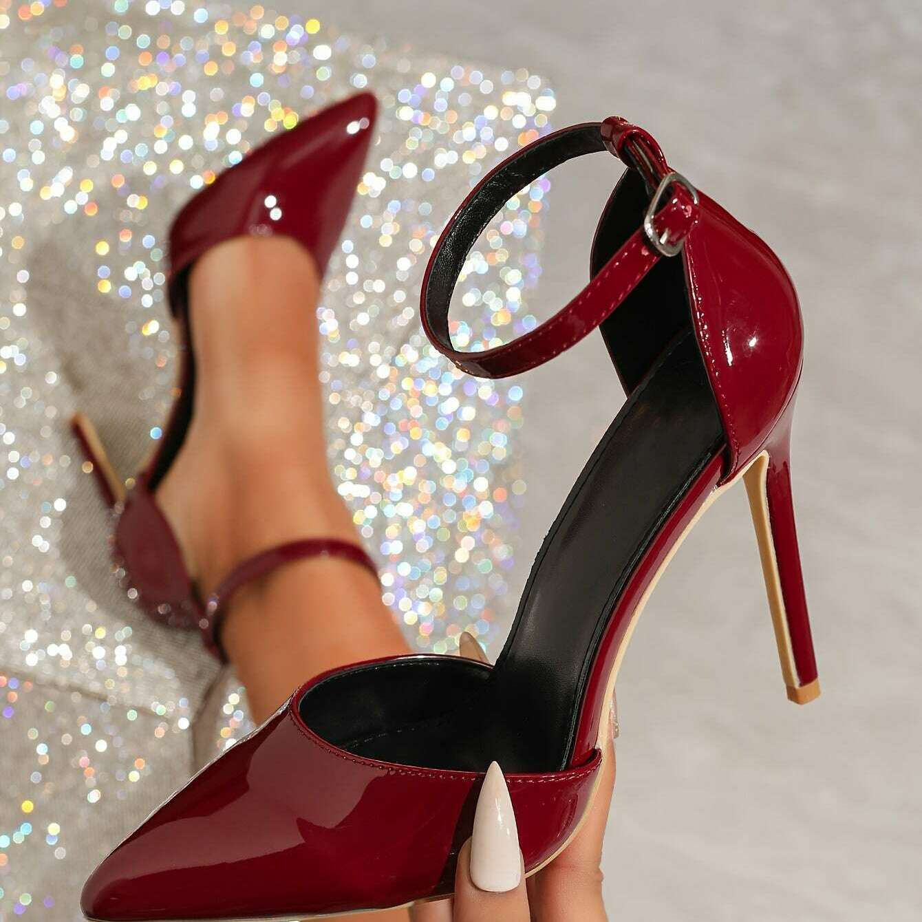 Burgundy Stiletto Heels Elegant Women's Sandals - Sleek Pointed Toe with Side Cut-Out, Faux Cover Strap & Rubber Sole, Perfect for Evening Events