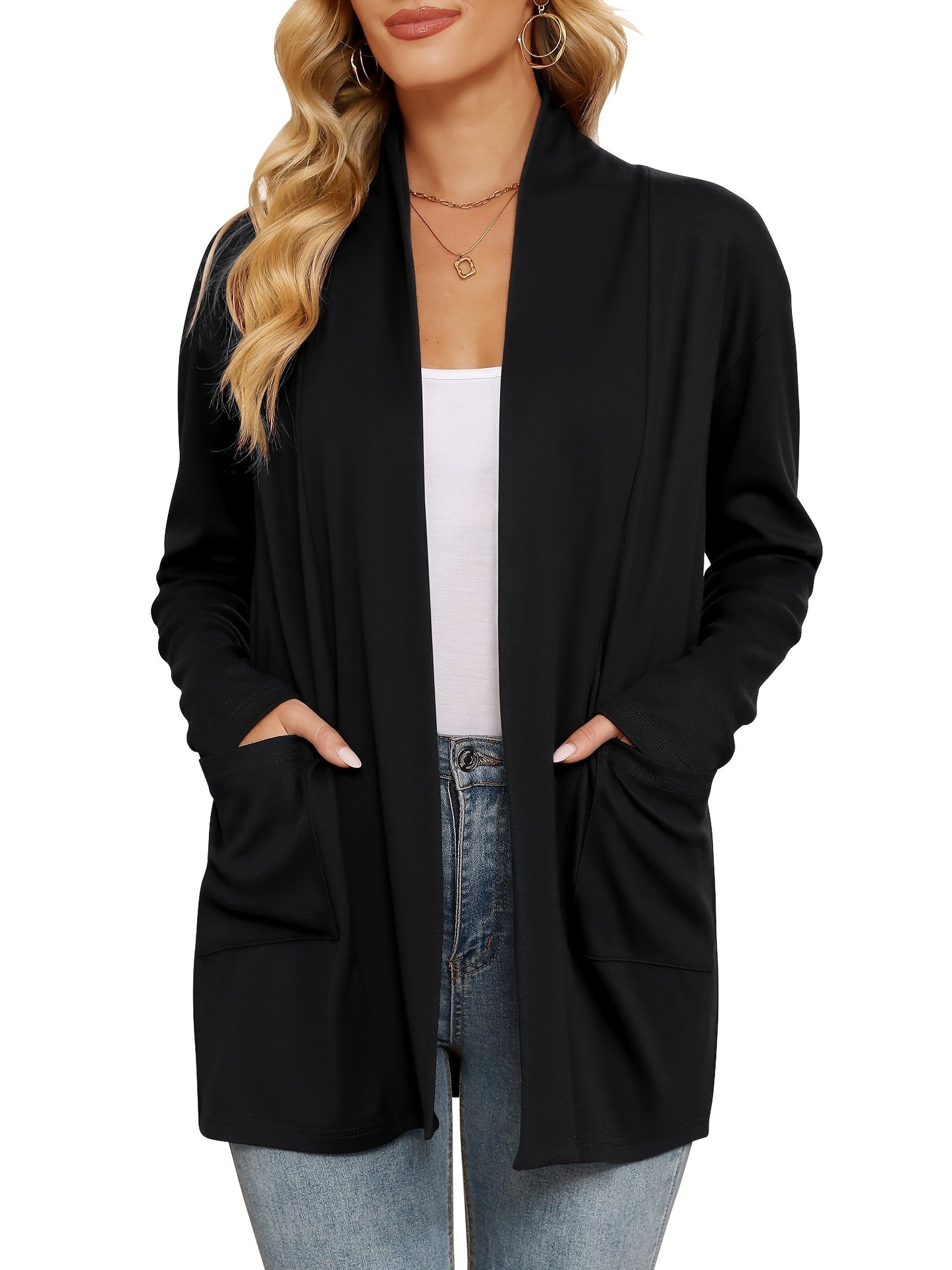 Spring & Autumn Women's Casual Solid Color Cardigan – Open Placket with Double Pocket Design