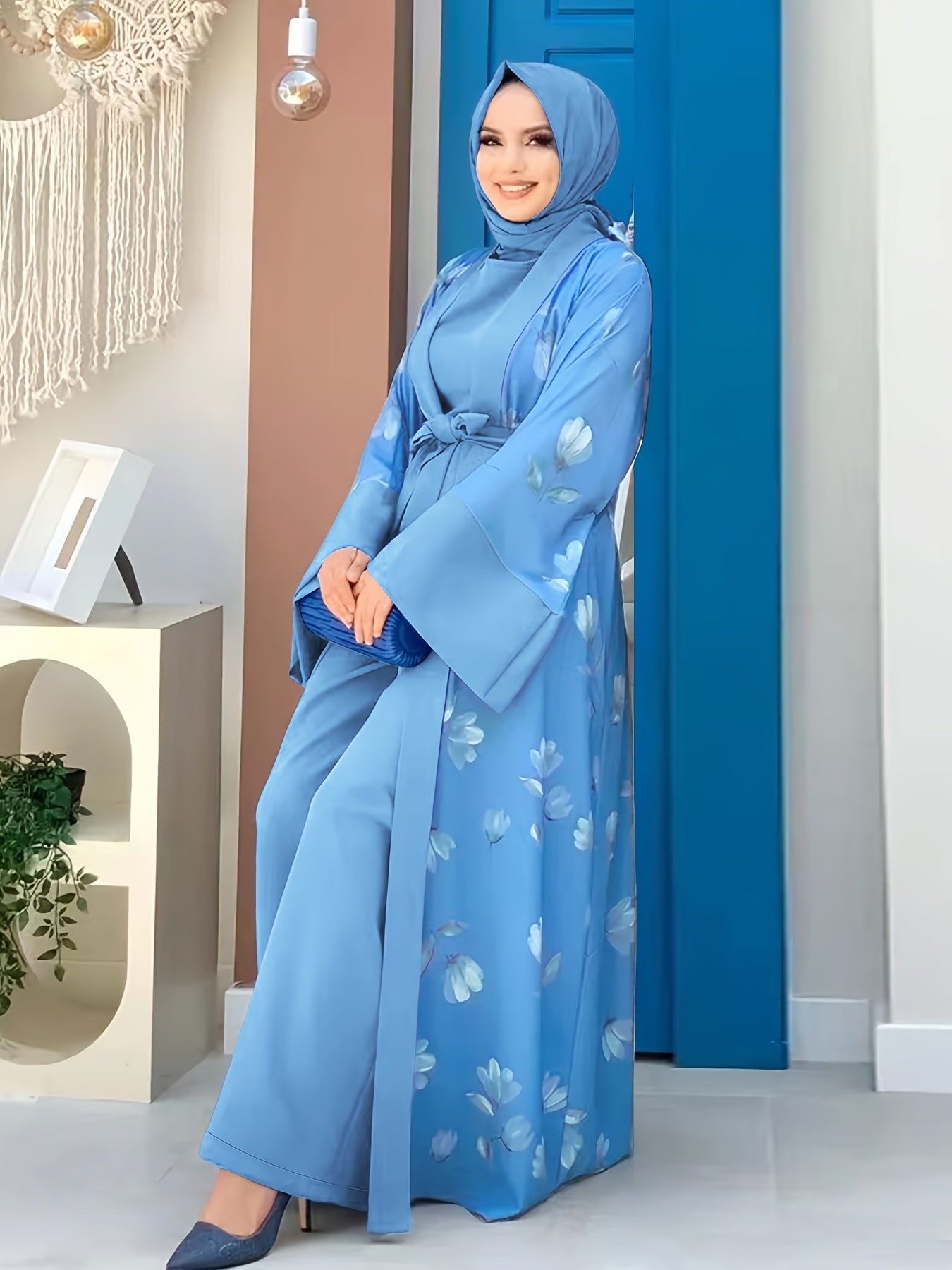 Middle Eastern Muslim Print Jumpsuit Two-Piece Set for Women Without Headscarf