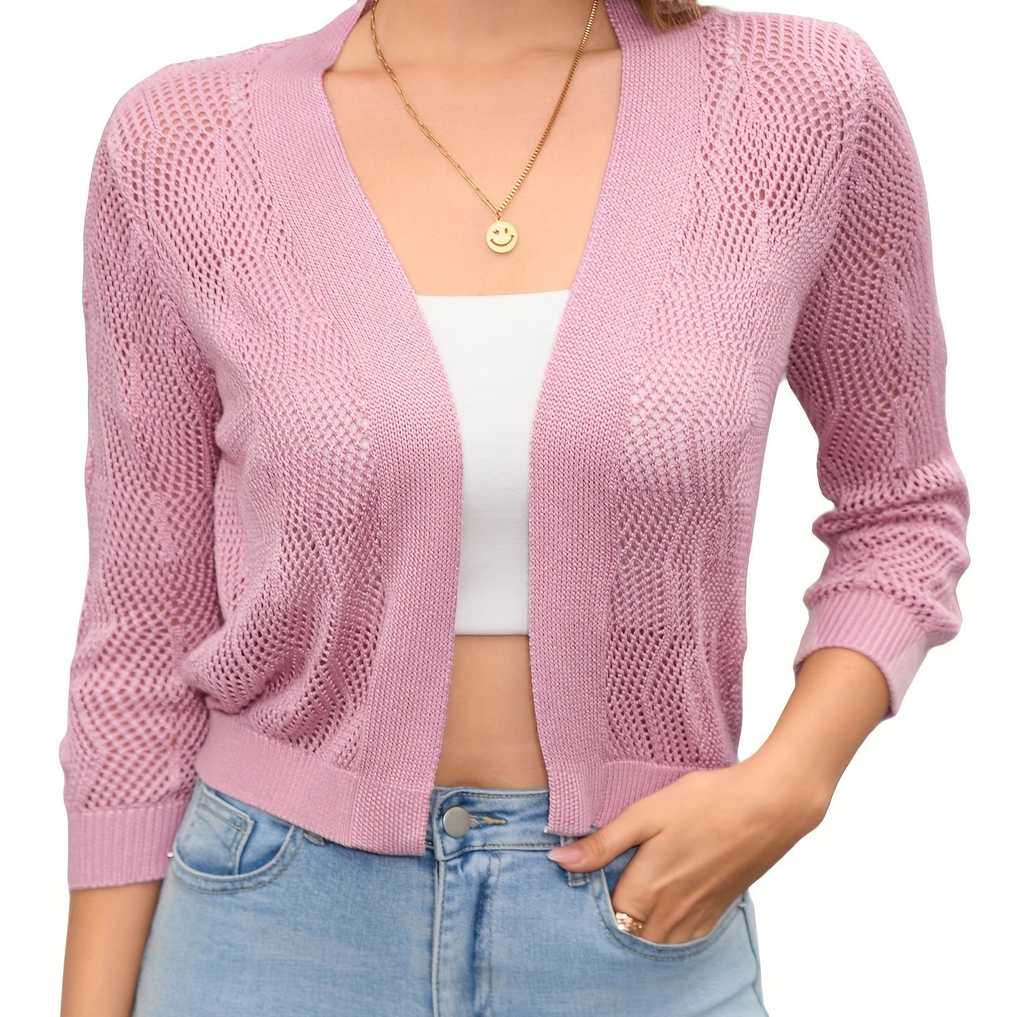 2025 Women'S 3/4 Sleeve Crochet Knit Open Front Cardigan Cropped Shrug Bolero Lightweight Sweaters Tops