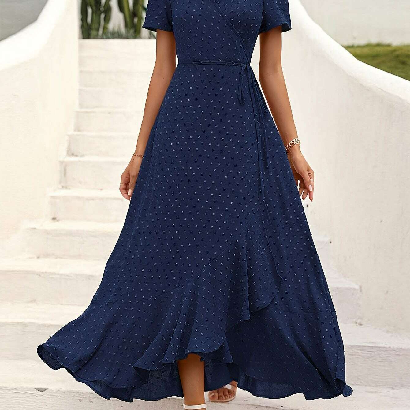 Elegant Women's Swiss Dot Surplice Neck Maxi Dress - D&M Boutique