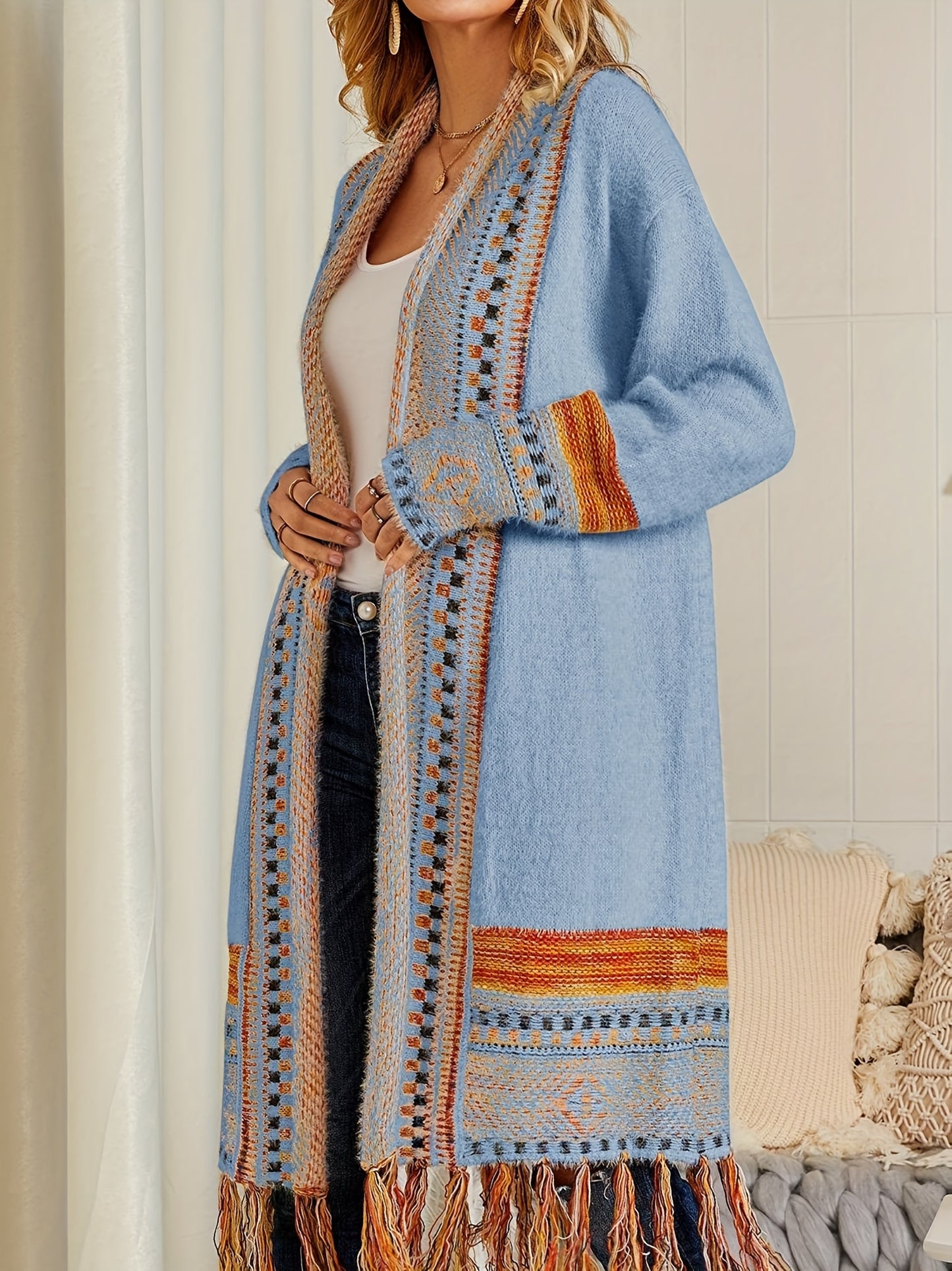 Women Boho Cardigan Sweater Long Open Front Maxi Knit Sweaters Aztec Tribal Tassel Fringe Thin Coat