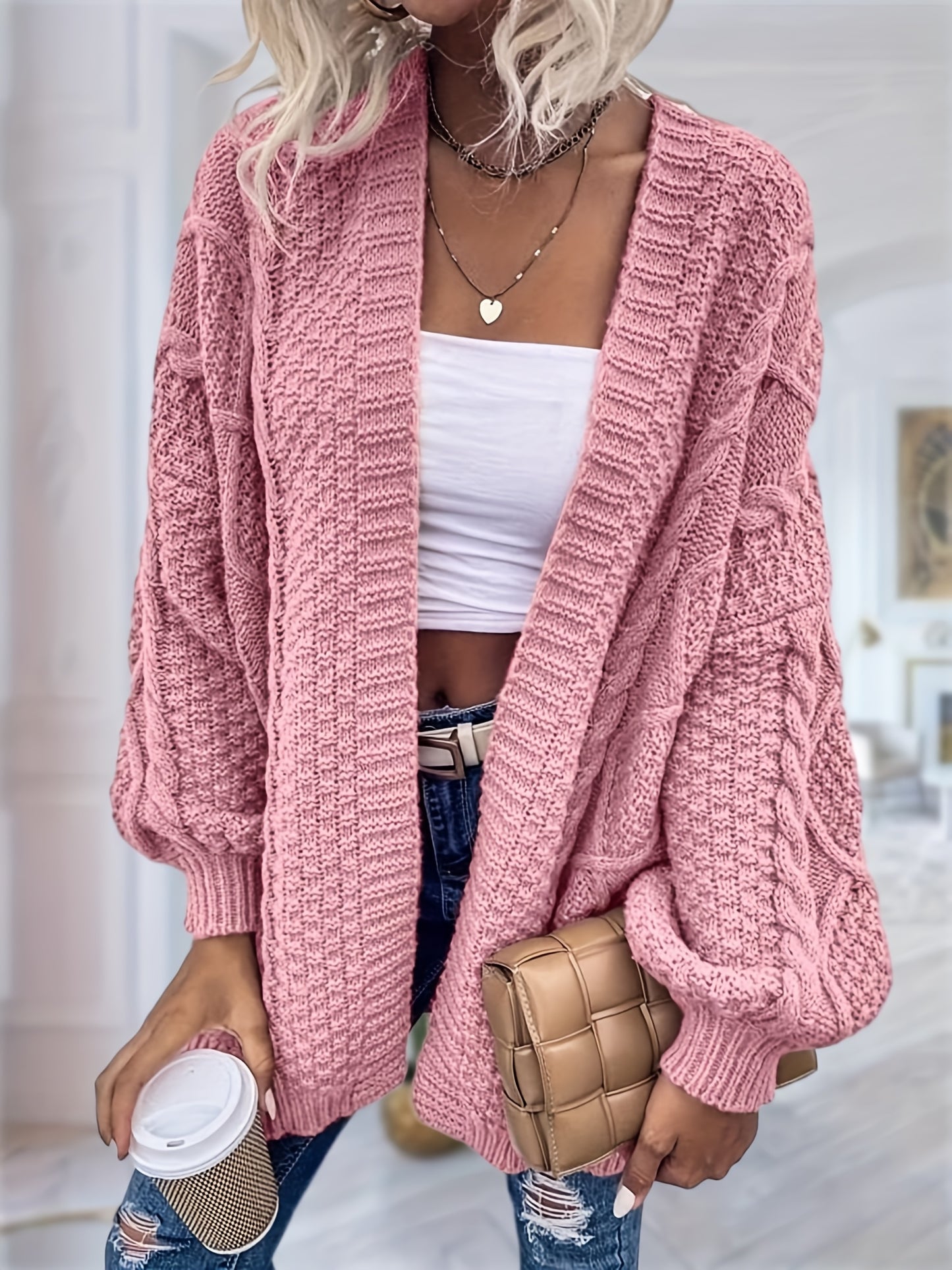 Women's Oversized Chunky Cable Cardigan Sweater Coat - Soft Pink Open Front Long Sleeve Winter Coat with Button-Free Closure, Cozy Fall & Winter Sweater for Casual Semi-Formal Outfits