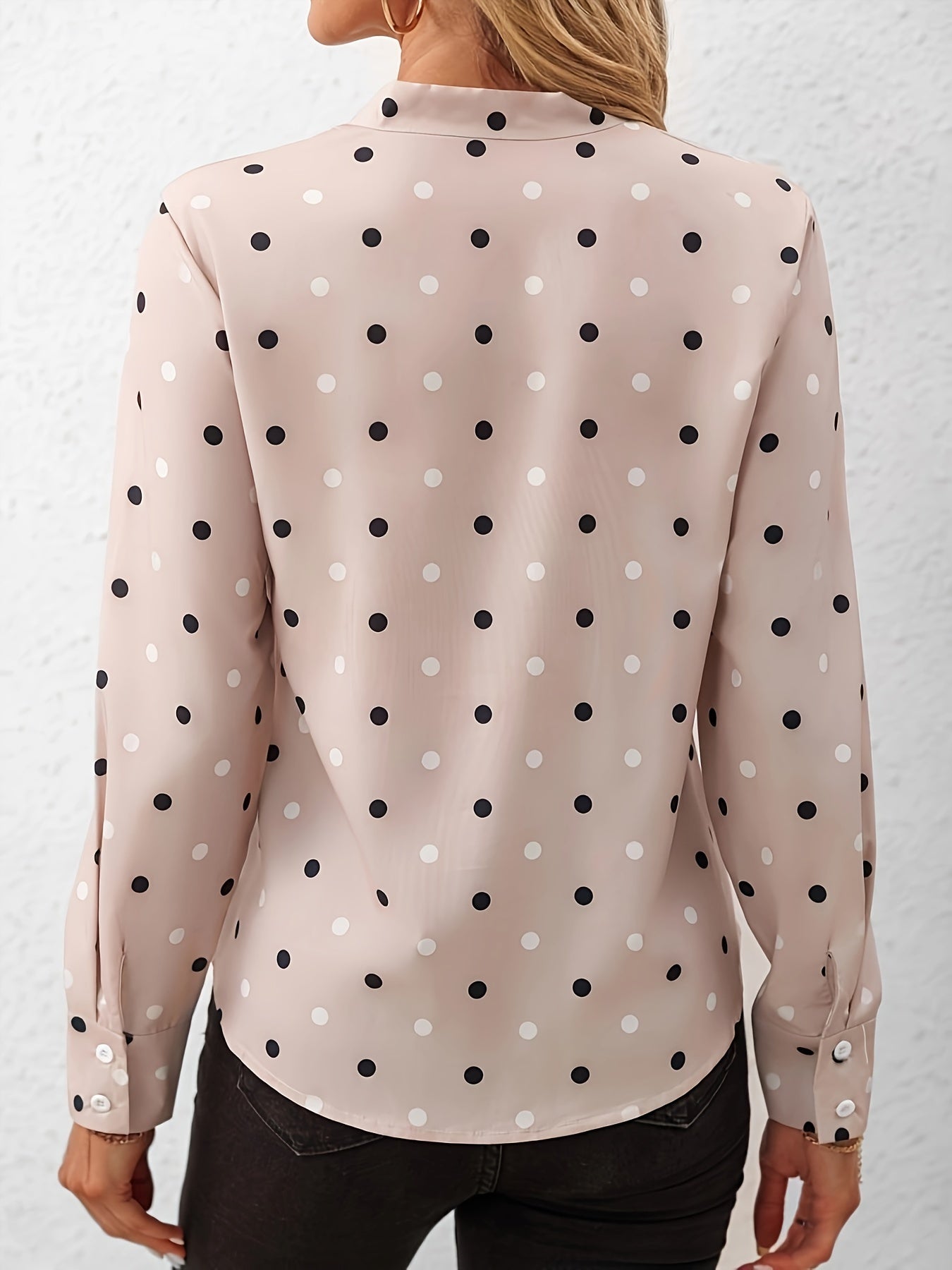Women's Polka Dot Bowknot Collar Shirt - Long Sleeve Polyester Top, Machine Washable & Wrinkle-Resistant, Elegant Office & Casual Wear for Spring Summer Fall, Casual Latest Design Collar Shirts, Seasonal Fashion, Easycare Clo
