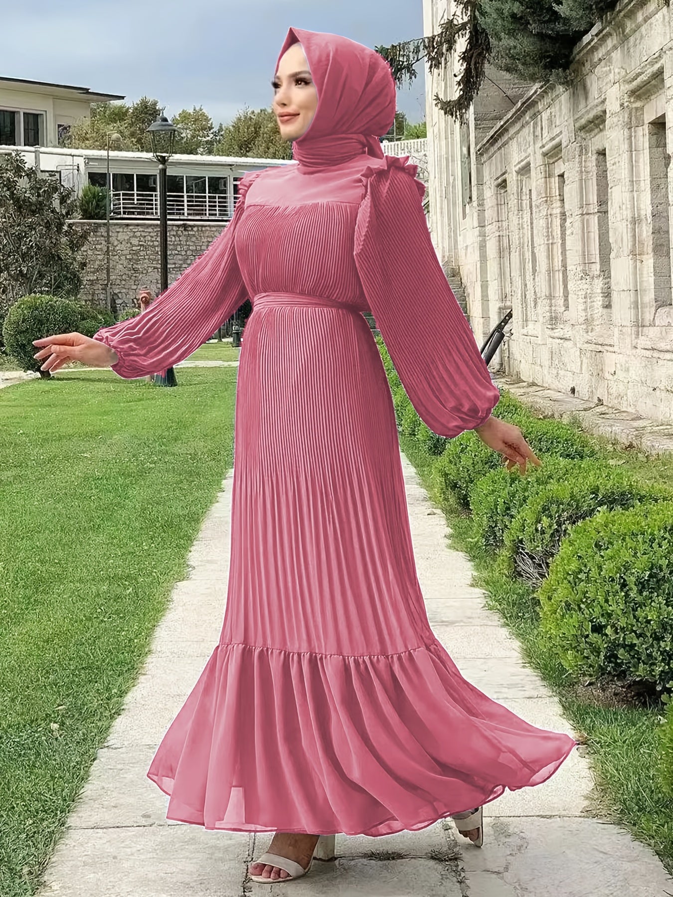 Women's Middle Eastern Muslim Abaya Kaftan Dress - Modest Long Sleeve Ruffled Hem Solid Color Traditional Dress with Belt, Machine Washable All-Season Casual Wear, Modest Apparel | Soft Texture