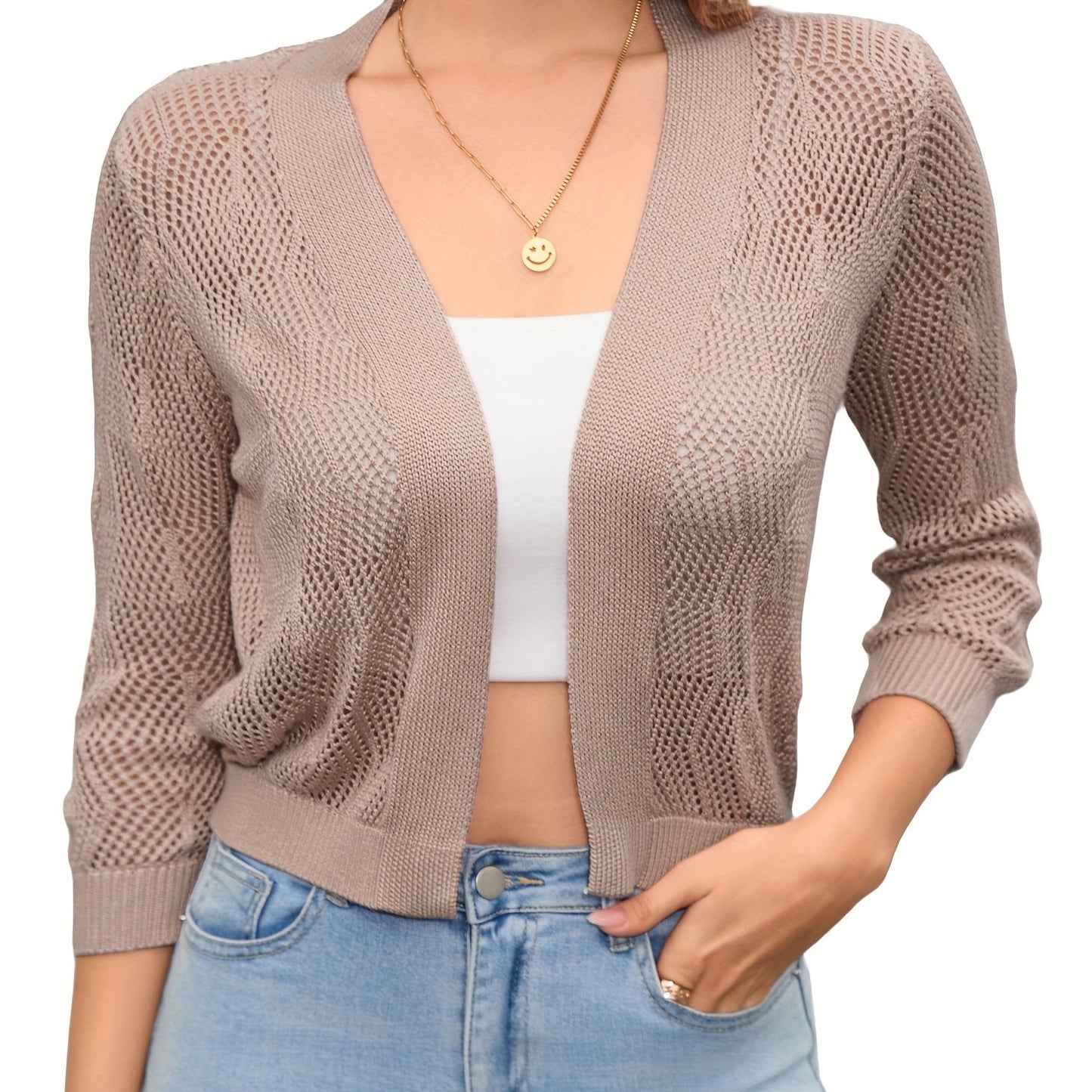 2025 Women'S 3/4 Sleeve Crochet Knit Open Front Cardigan Cropped Shrug Bolero Lightweight Sweaters Tops