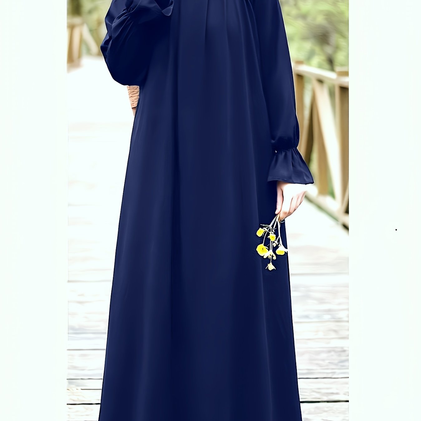 Women'S Navy Blue Long Tunic Dress with Puff Sleeves - Comfortable, Solid Color, All-Season Wear, Casual Style, Casual Attire | Puff Sleeve Top | Flowy Fabric