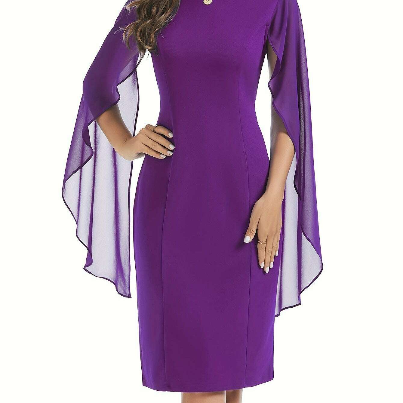 Elegant Midi Bodycon Dress with Cape Sleeves and Slit Hem - D&M Boutique
