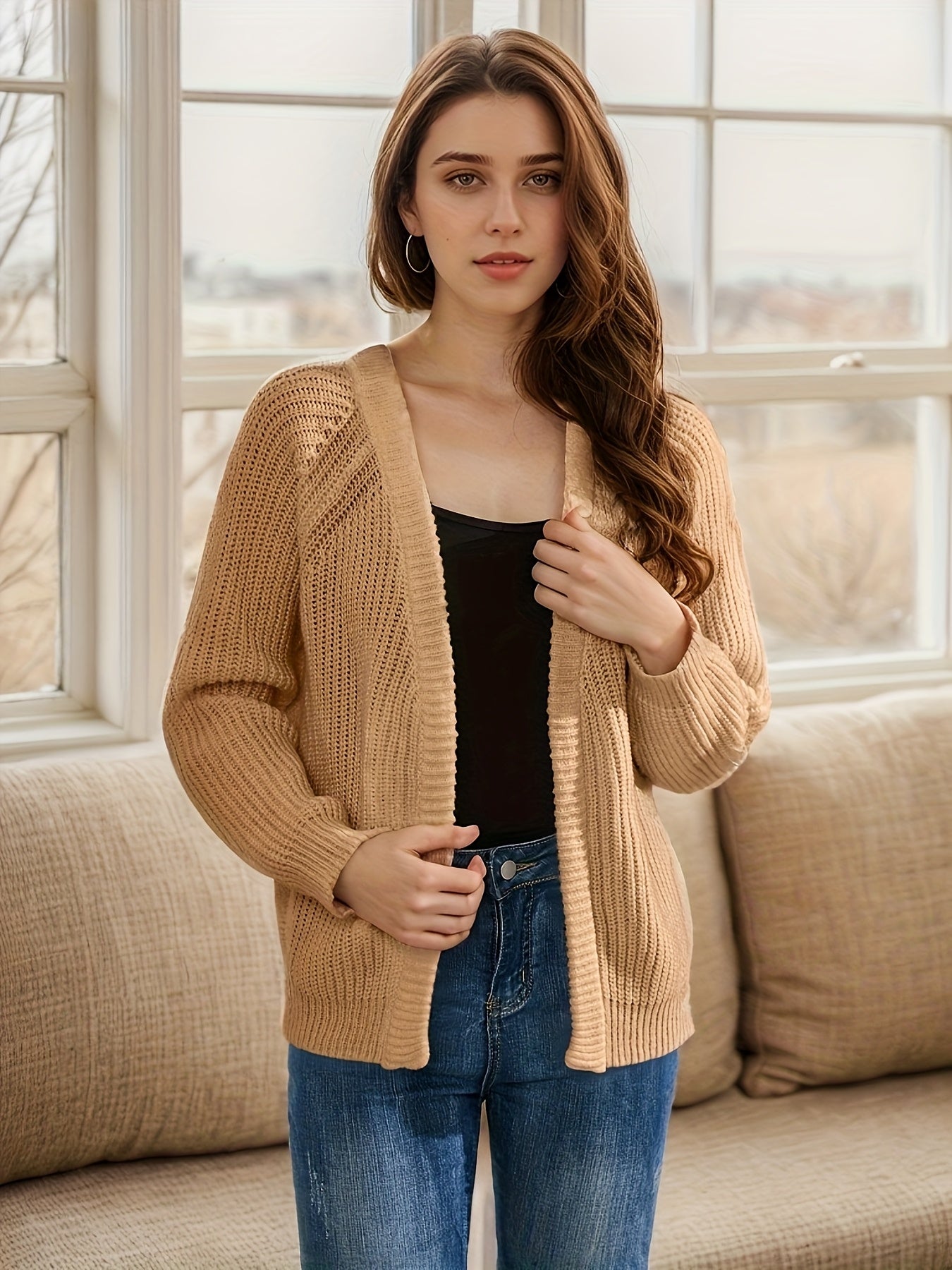 Women'S V-neck Green Khaki Knitted Sweater Long Sleeve Soft Knitted Cardigan Spring And Autumn Outerwear