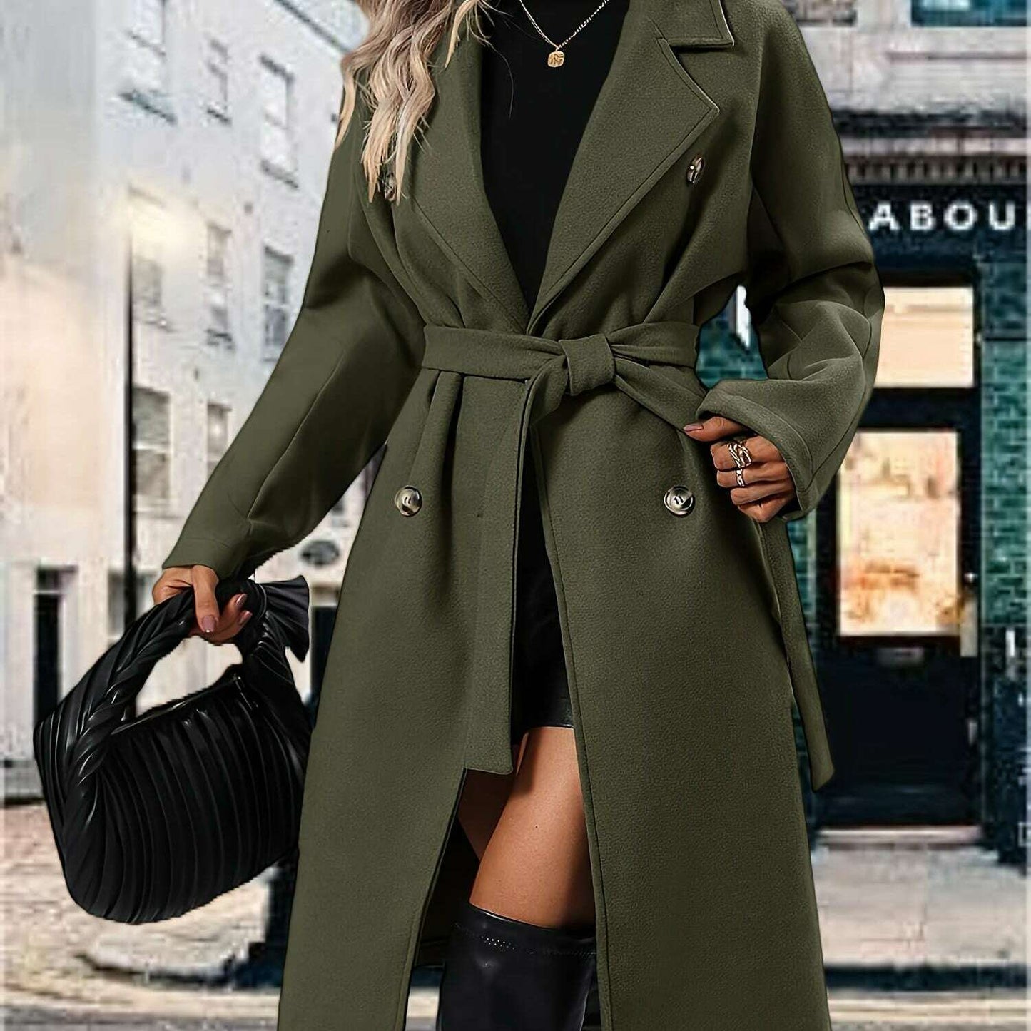 Women's Pea Coat with Lapel Collar and Belted Pockets