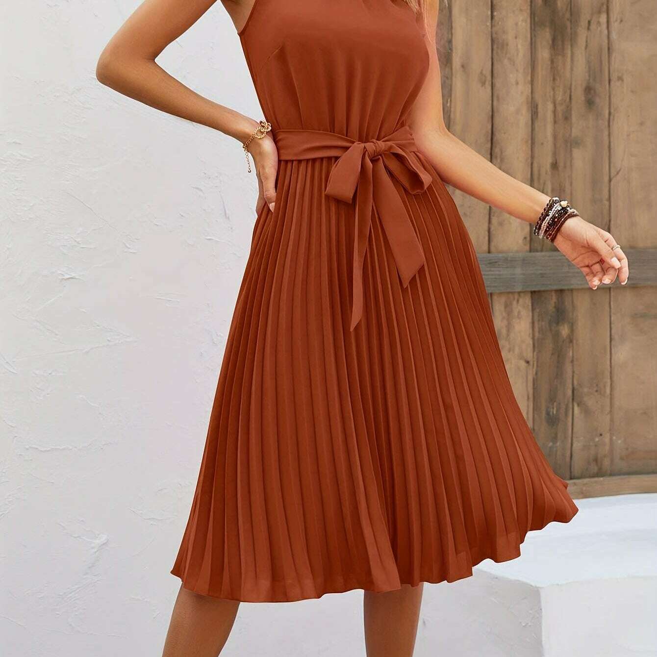 Women's Sleeveless Halter Pleated A-Line Summer Dress - D&M Boutique