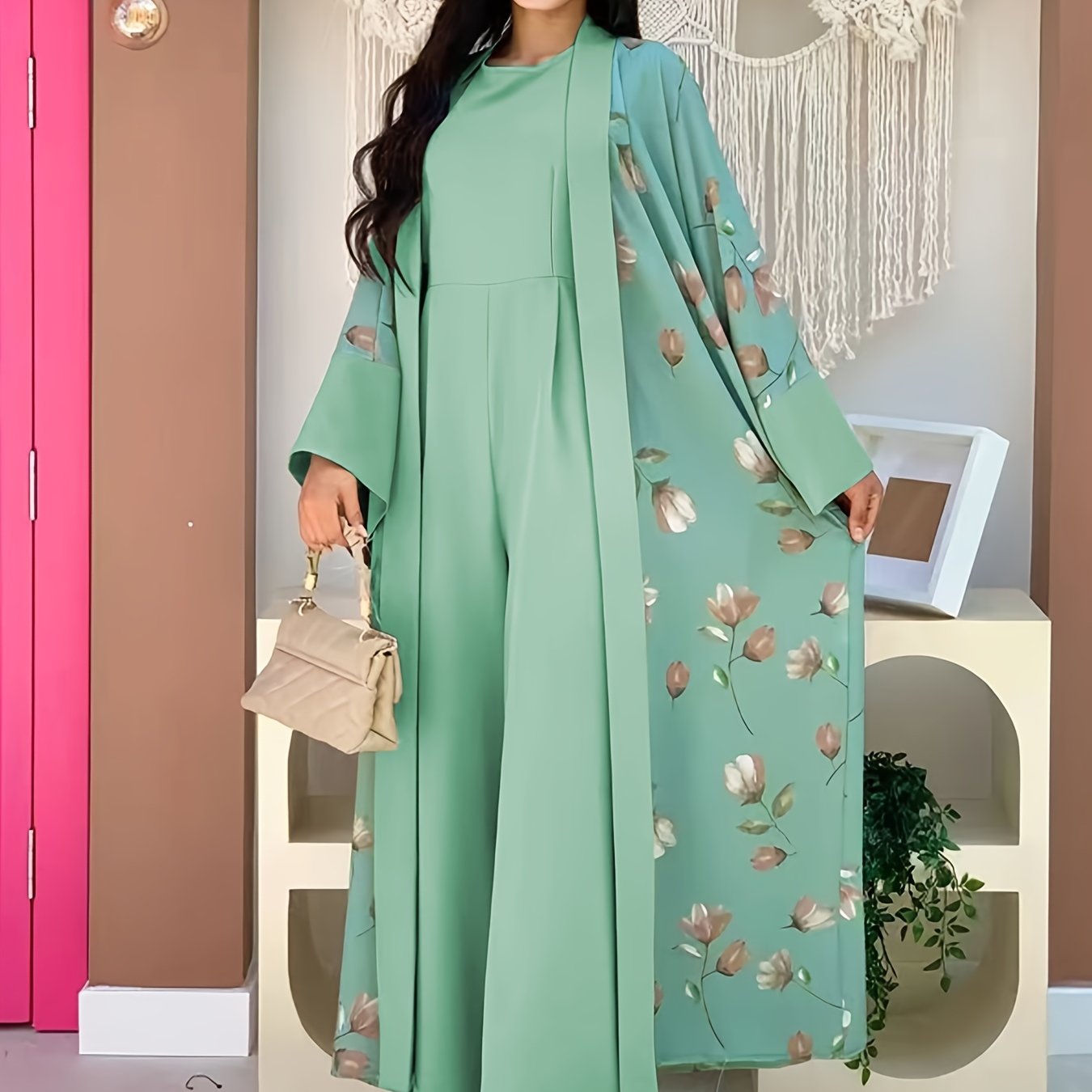 Middle Eastern Muslim Print Jumpsuit Two-Piece Set for Women Without Headscarf