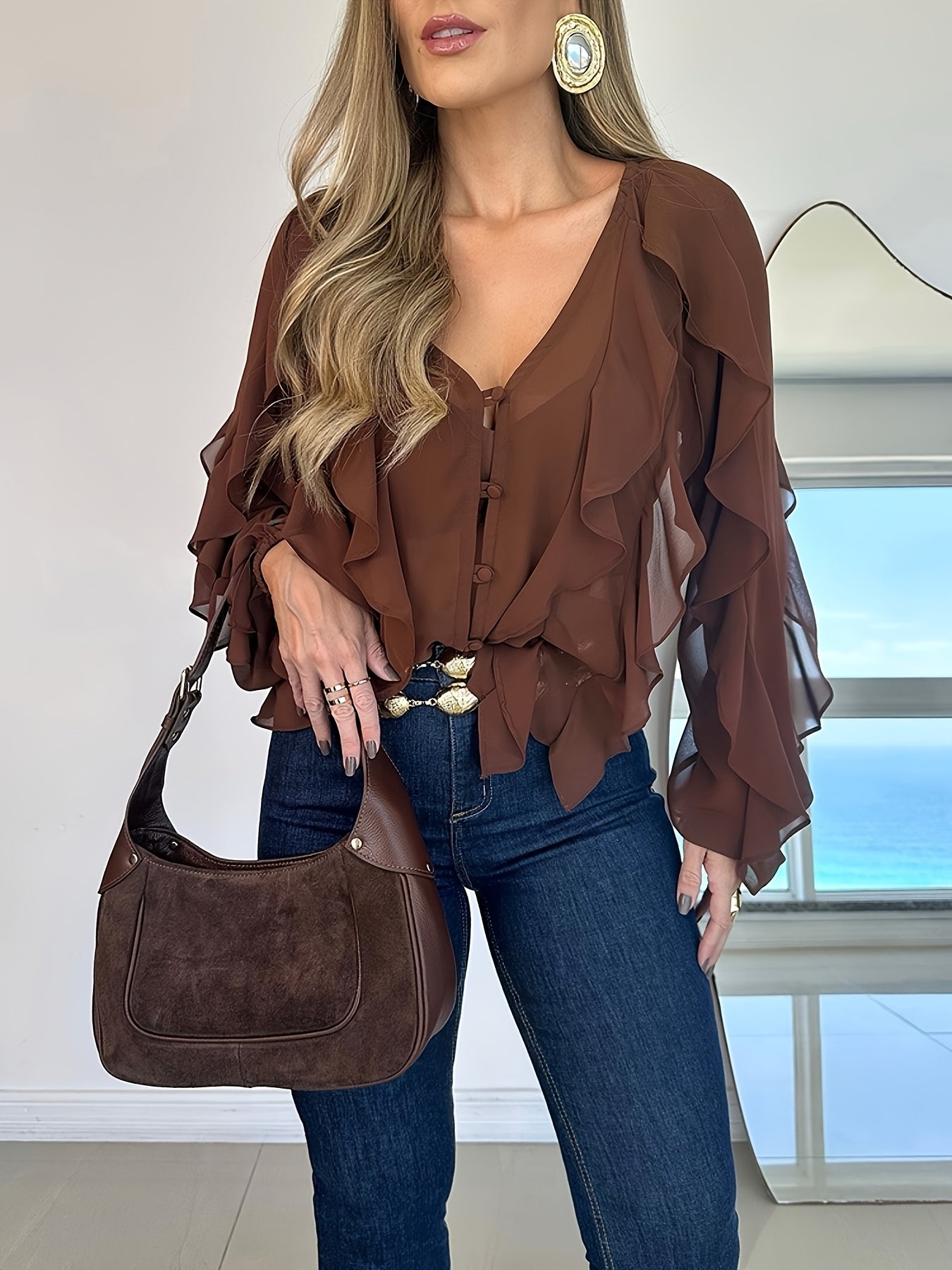 Women's Elegant V-Neck Blouse with Asymmetrical Shoulder Ruffles - Slim Fit Long Sleeve Top, Solid Color Casual Chic Shirt for Spring/Fall, Hand Wash Only, Spring Fall Attire, Ruffle Detail Top, Sophisticated Texture, Fall Wa