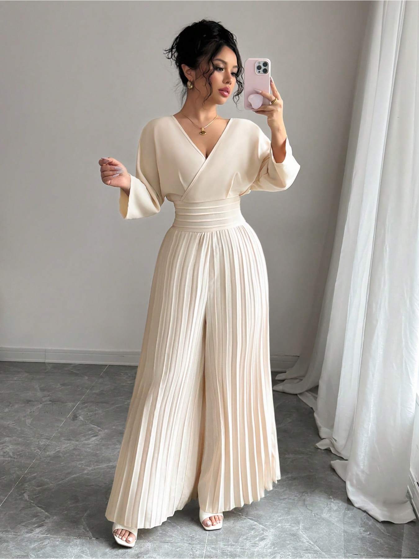 Women'S Elegant Beige Jumpsuit - V-Neck, Three-Quarter Sleeve, Wide-Leg Design with Tie Waist, Solid Color, Perfect for Vacation or Casual Outings, Vacation Attire | Vneck Jumpsuit | Glossy Texture