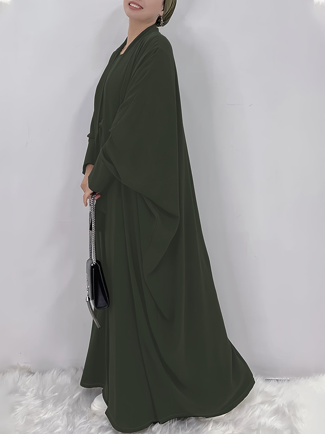 Women's Middle Eastern Muslim Solid Color Dress + Robe Jacket Two Piece Set
