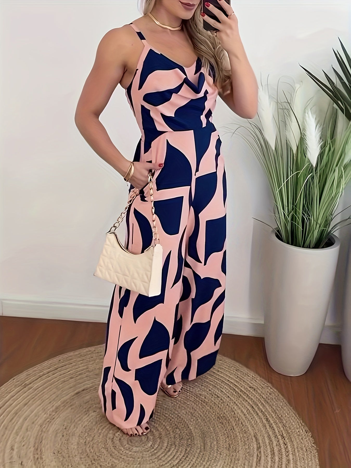 Women's Elegant Off-Shoulder High Waist Wide Leg Jumpsuit - Geometric Print Sleeveless Casual Outfit, Machine Washable Non-Stretch Fabric with Ruching Detail for All-Season Wear, Ladies Rompers And Jumpsuits, Smooth Texture F