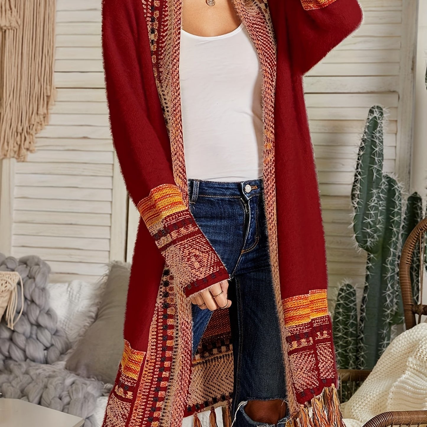 Women Boho Cardigan Sweater Long Open Front Maxi Knit Sweaters Aztec Tribal Tassel Fringe Thin Coat