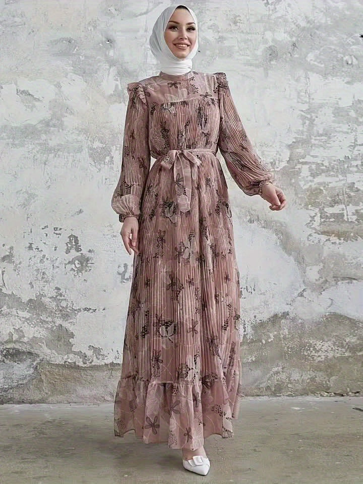 Stunning Floral Print Crew Neck Long Sleeve Abaya Dress - Elegant Ruffle Hem Maxi Length, Belted, Polyester, Machine Washable, Woven, Middle Eastern Style Womens Clothing for All Seasons