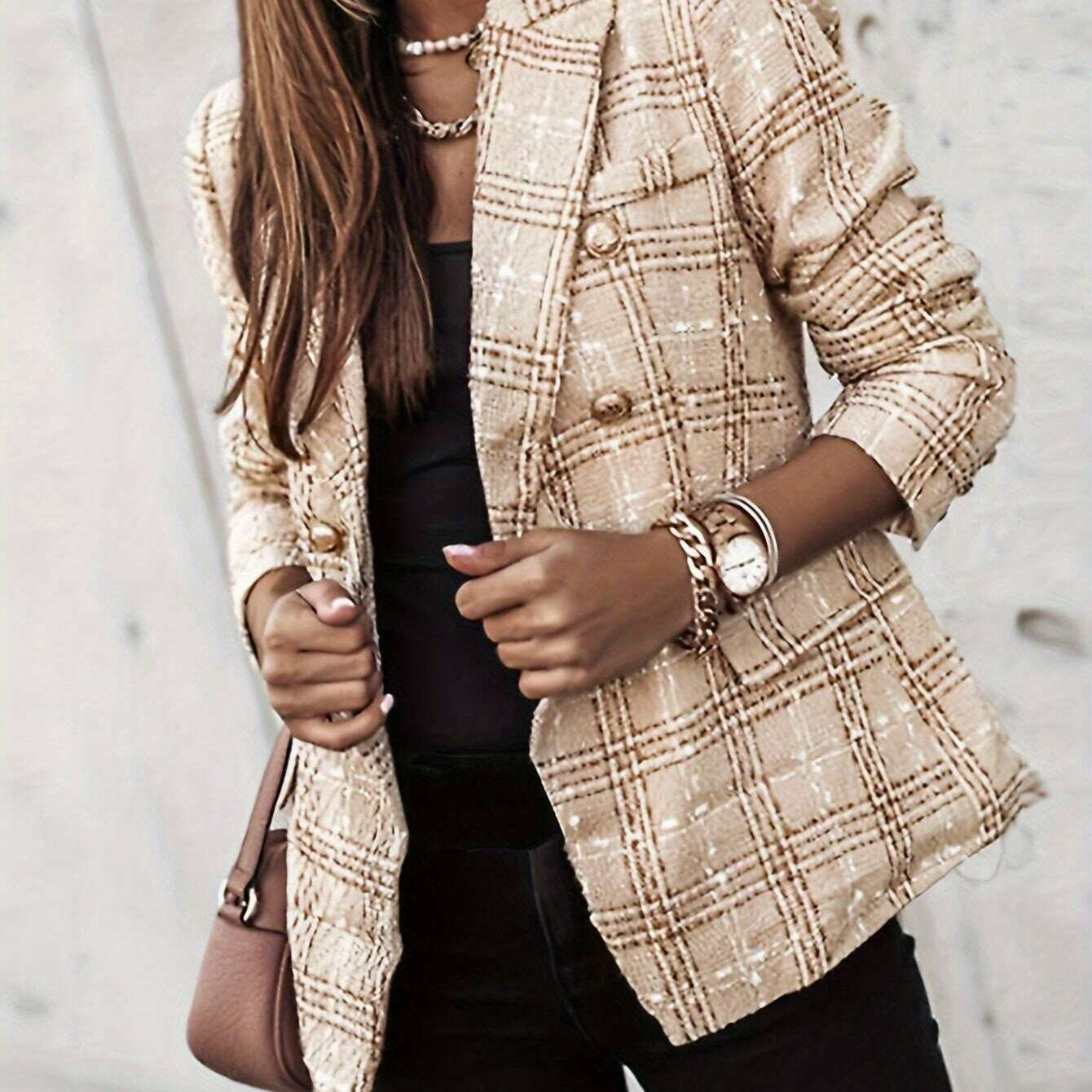 Elegant Plaid Tweed Double-Breasted Blazer for Women