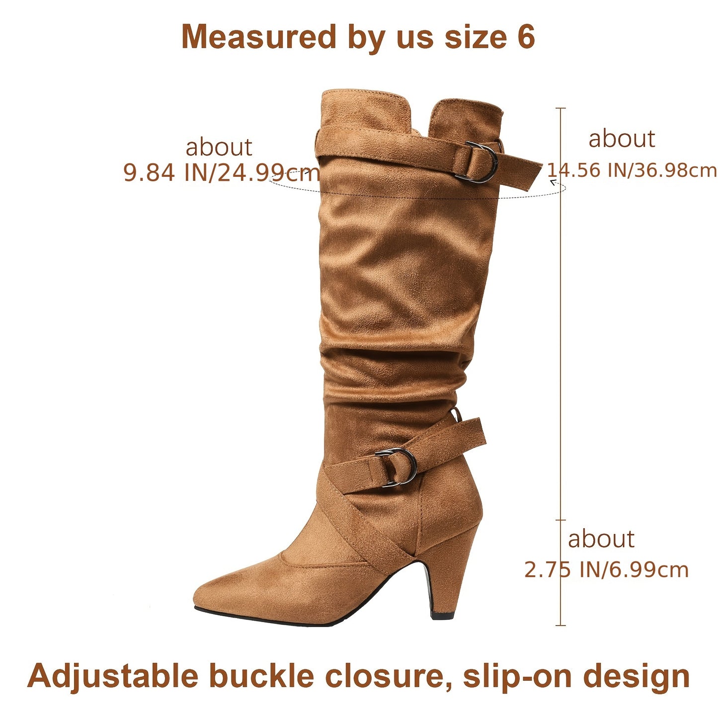 Women's Brown Retro Mid-Calf Boots - Thick High Heels, Pointed Toe, Buckle Straps, Stylish Pull-On for Party or Office, Suedelike