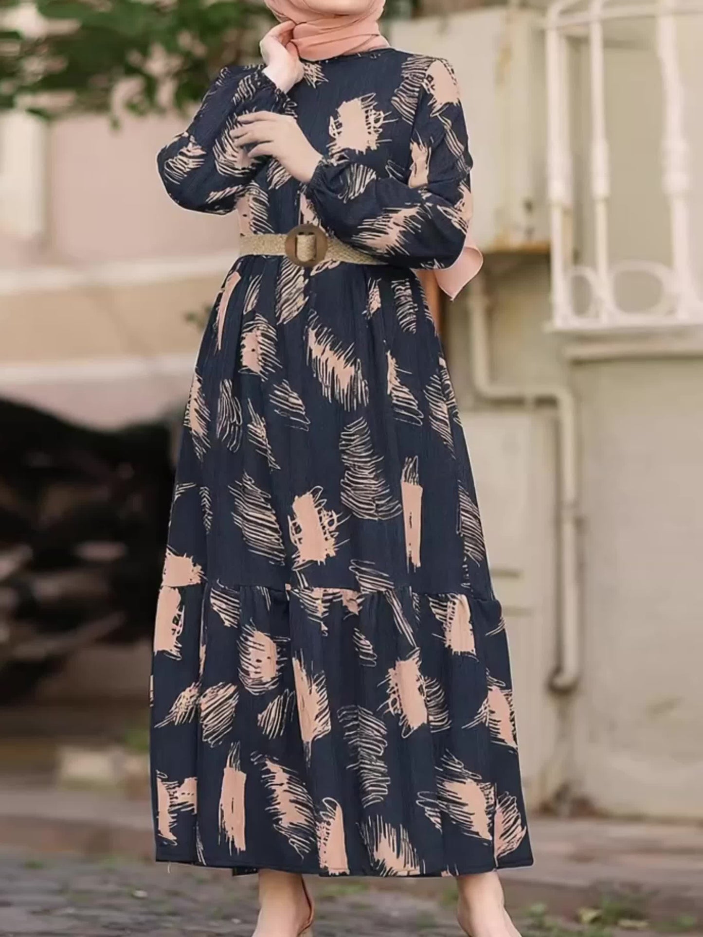 Long Sleeve Ramadan All Over Print Crew Neck Maxi Kaftan, Casual Women's Clothing