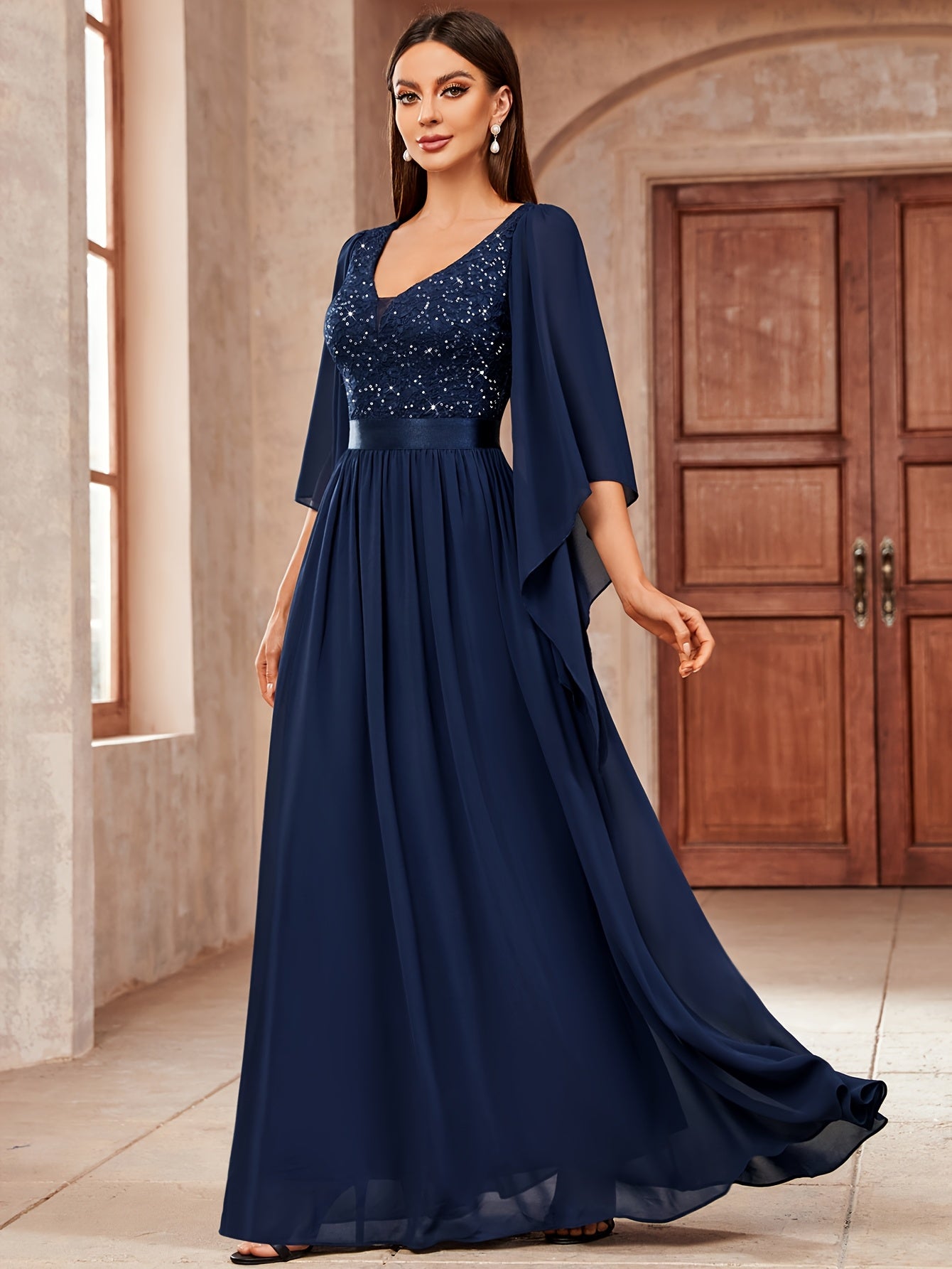 Deep V-Neck Lace Gown – Fit & Flare Sequin Dress