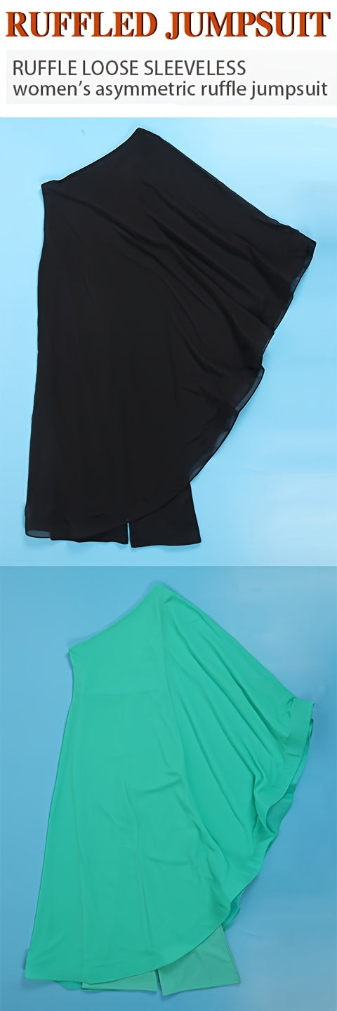 PORRCEY Sexy Single Shoulder Ruffled Sleeveless Solid Color Patchwork Elastic Jumpsuit
