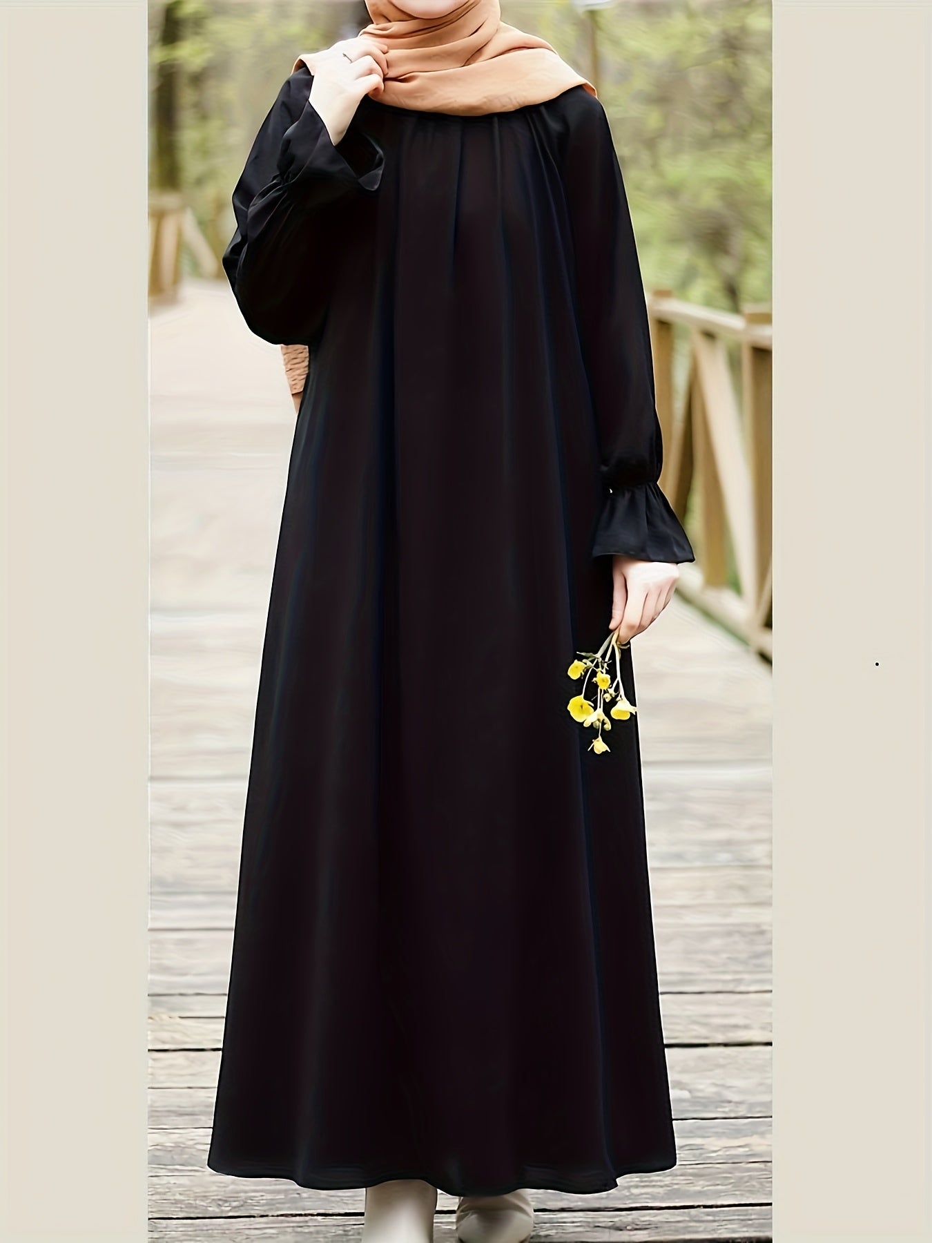 Women'S Navy Blue Long Tunic Dress with Puff Sleeves - Comfortable, Solid Color, All-Season Wear, Casual Style, Casual Attire | Puff Sleeve Top | Flowy Fabric