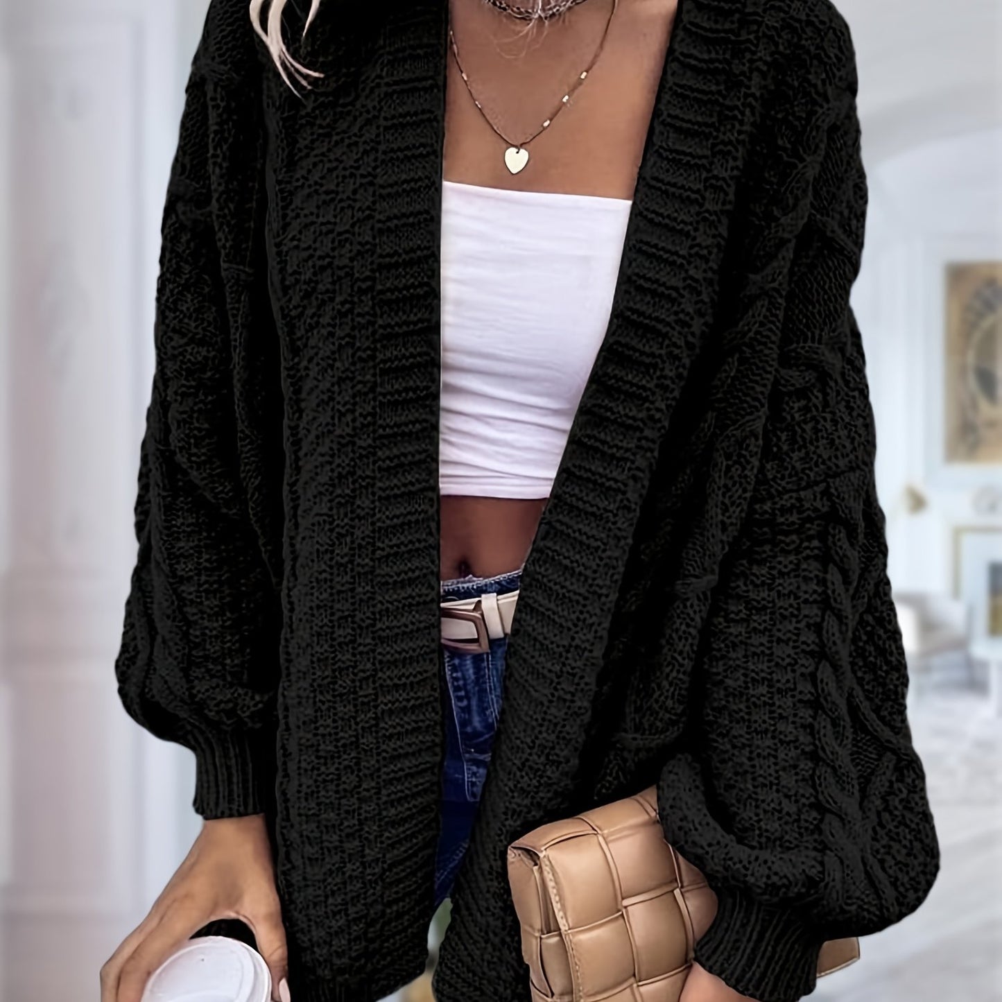 Women's Oversized Chunky Cable Cardigan Sweater Coat - Soft Pink Open Front Long Sleeve Winter Coat with Button-Free Closure, Cozy Fall & Winter Sweater for Casual Semi-Formal Outfits
