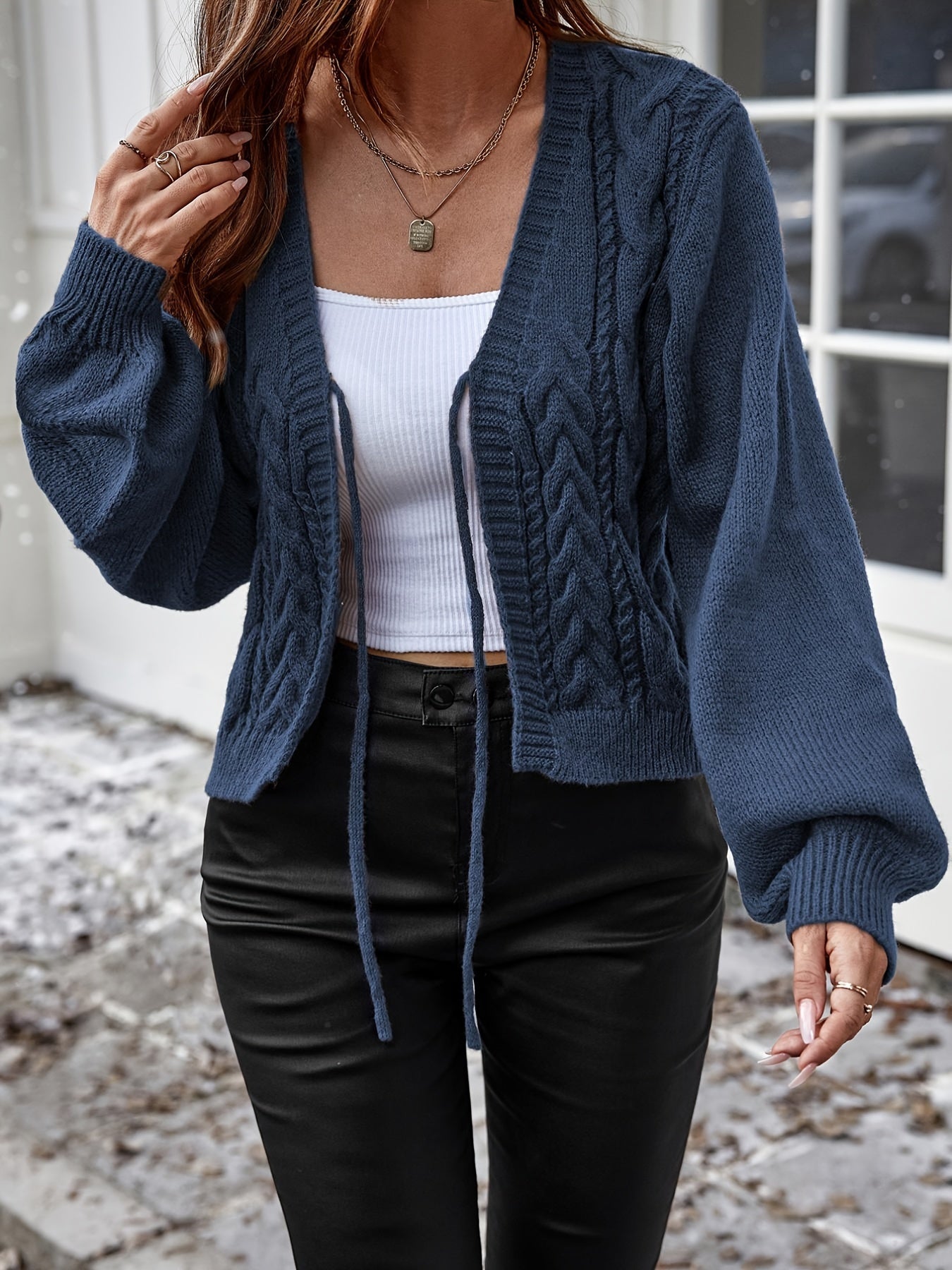 Long Sleeve Solid Color Polyester Cardigan - Elegant Casual Knit Sweater with V-Neck, Tassel Detail, and Drawstring for All Seasons