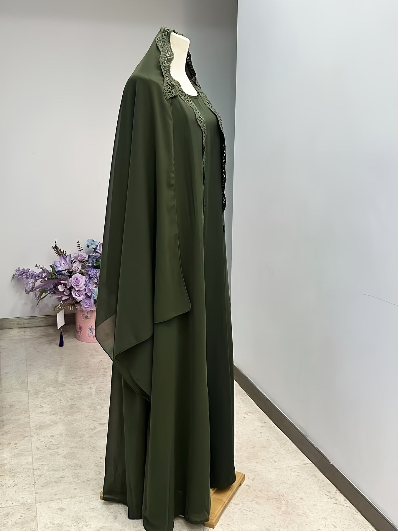 3pcs Middle Eastern Abaya Robe Set - Modest Long Sleeve Lace-Trimmed Abaya with Headscarf, Solid Color, Non-Stretch Fabric, Regular Sleeve, All-Season Wear, Loose Fit, H-Line Silhouette, Islamic Fashion, Modest Apparel | Lace