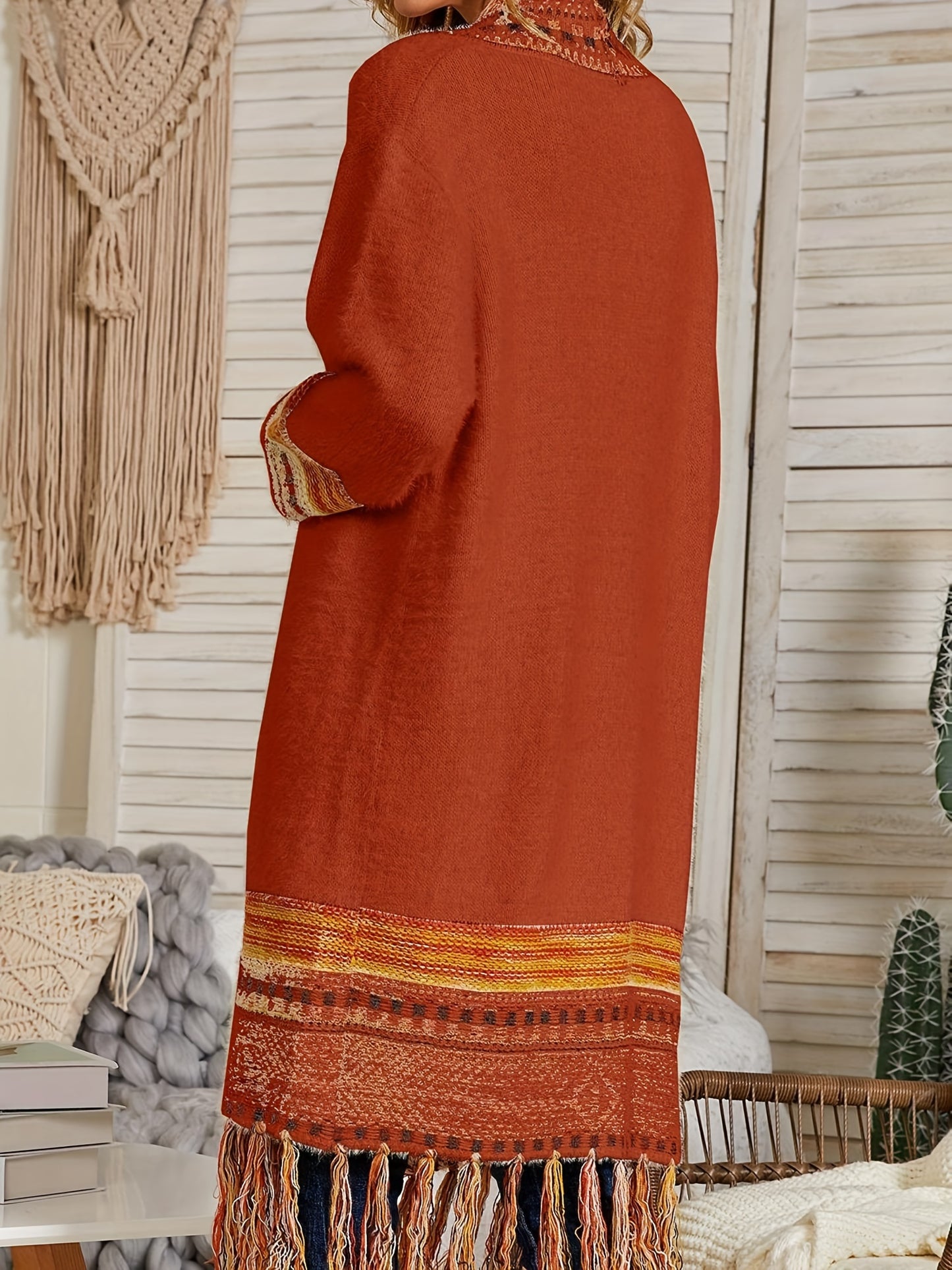 Women Boho Cardigan Sweater Long Open Front Maxi Knit Sweaters Aztec Tribal Tassel Fringe Thin Coat