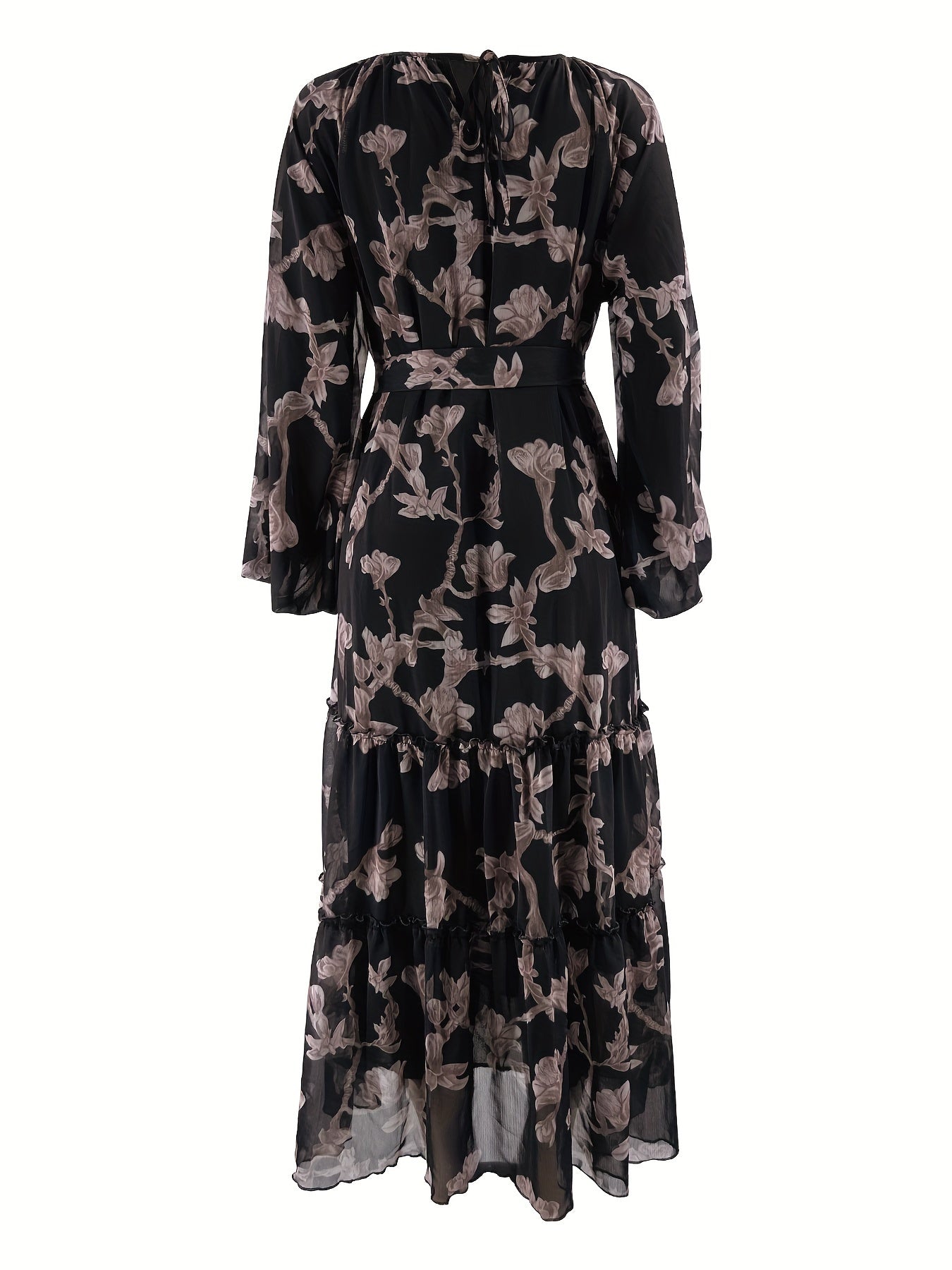 Women'S Elegant Black Floral Print Maxi Dress with Belt - Perfect for All Seasons, All-Season Dress | Floral Print Dress | Ruffled Hemline, Dress
