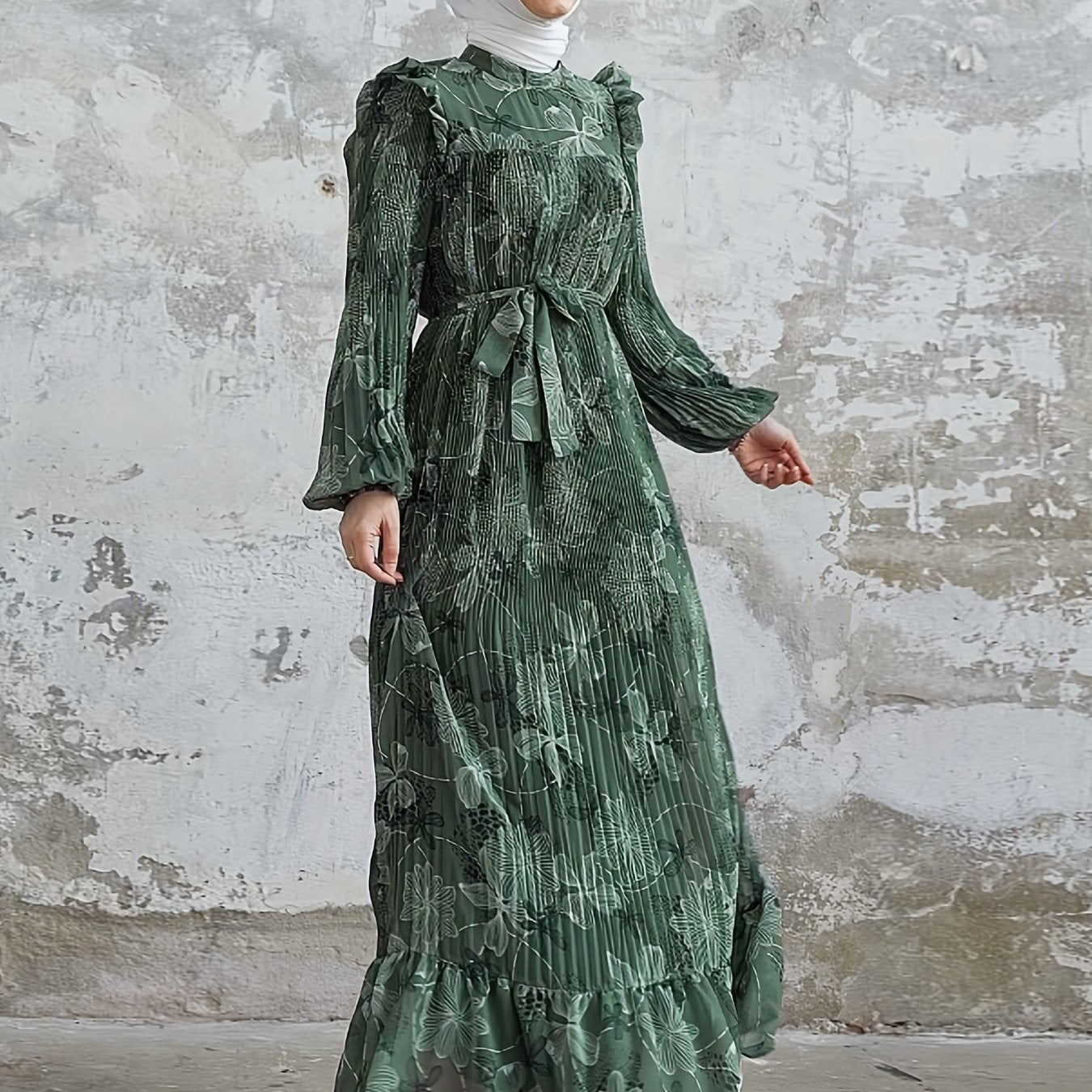 Stunning Floral Print Crew Neck Long Sleeve Abaya Dress - Elegant Ruffle Hem Maxi Length, Belted, Polyester, Machine Washable, Woven, Middle Eastern Style Womens Clothing for All Seasons