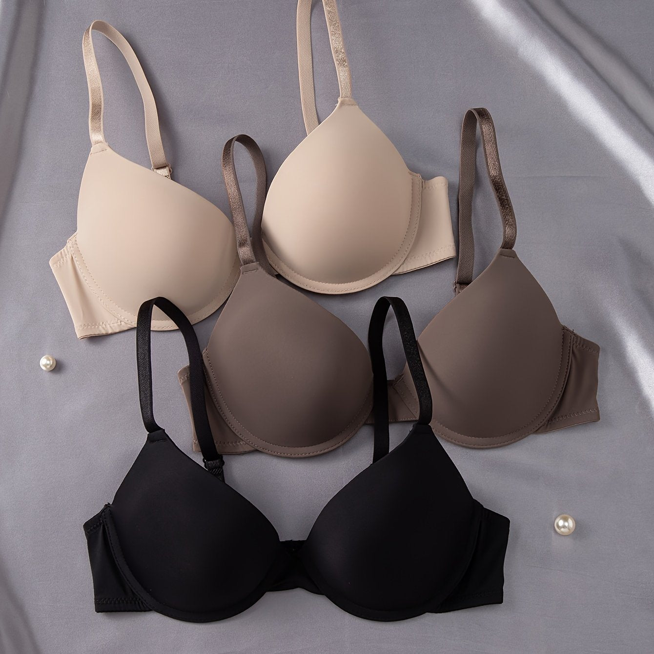 3pcs Women's Ultra-Soft Seamless T-Shirt Bras - Push-Up Support with Breathable Cups, Underwire for Lift, Nude/Beige/Black, Non-Removable Pads, Everyday Comfort for Casual & Formal Wear, Versatile Bra Sizes, Simple Elegant De
