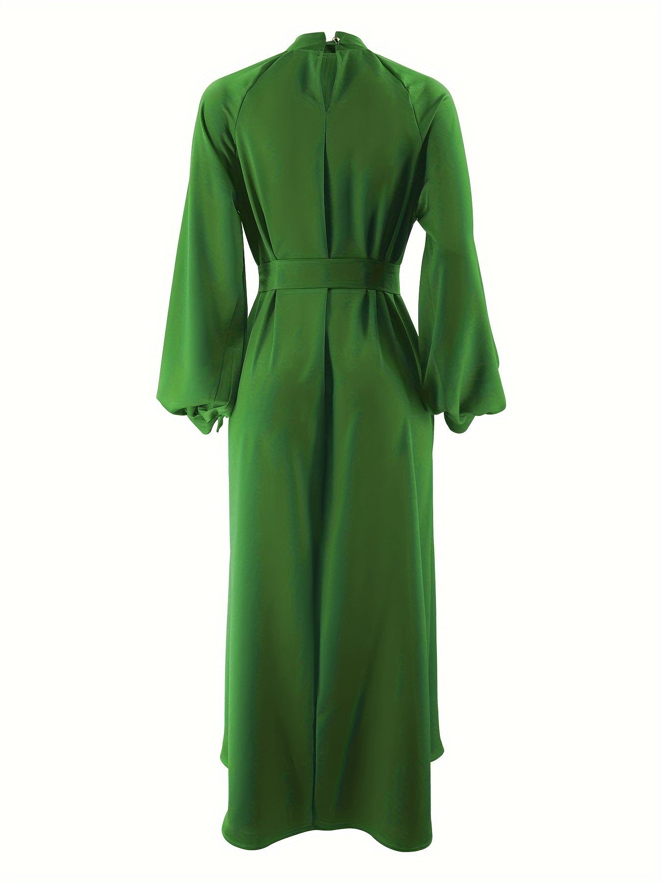 Solid Pleated Mock Neck Modest Dress, Elegant Lantern Sleeve Belted Ruffle Hem Maxi Dress, Women's Clothing