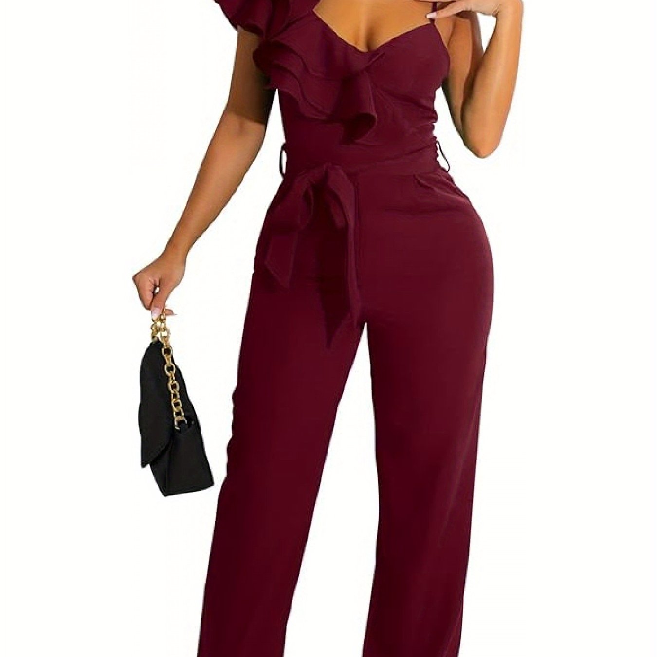 Womens Jumpsuits Ruffle Backless V-Neck Sleeveless Casual Belted Wide Leg Pant Romper Party Clubwear