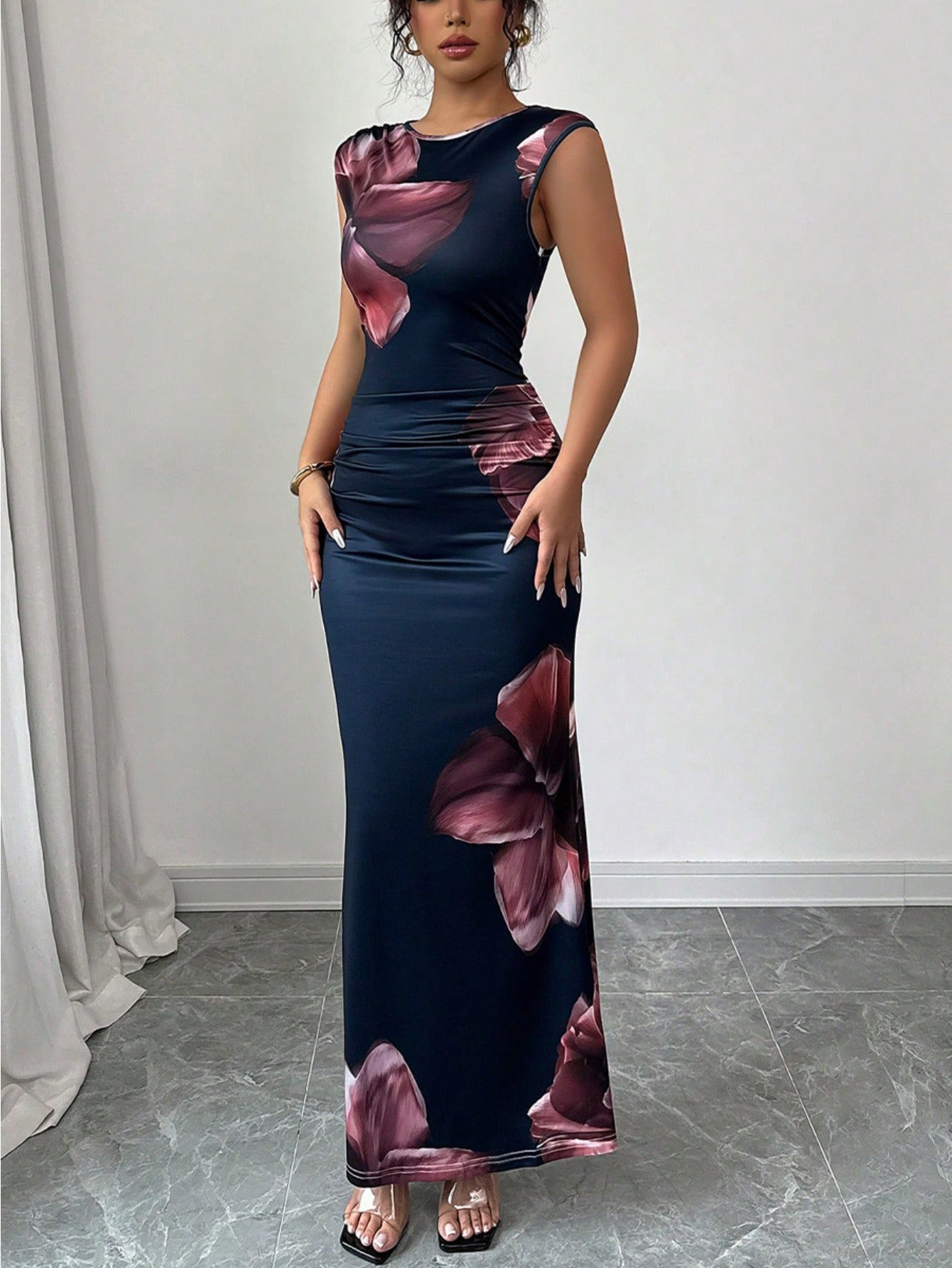 Women's Slim Fit Sleeveless Bodycon Dress - Dark Navy Blue Floral Print A-Line Mid-Length Dress, Machine Washable Elegant Party & Travel Dress for Spring Summer Fall, Tight Fitted Dress, Sophisticated Craftsmanship, Street St