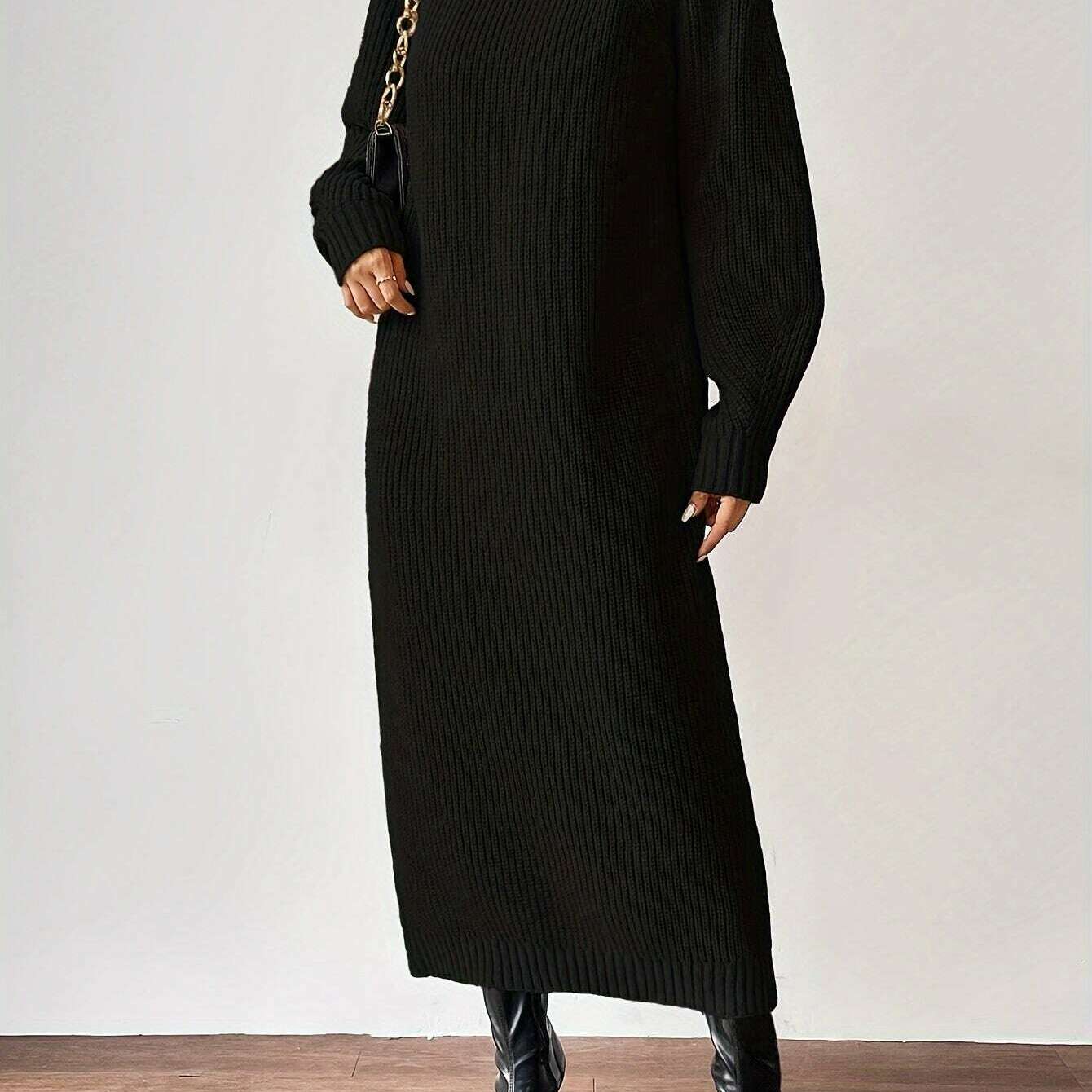 Women'S Long Sleeve Turtleneck Sweater Dress, Elegant Solid Color, Polyester, Autumn/Winter Fashion, Adult Size, Ultra-Long Length