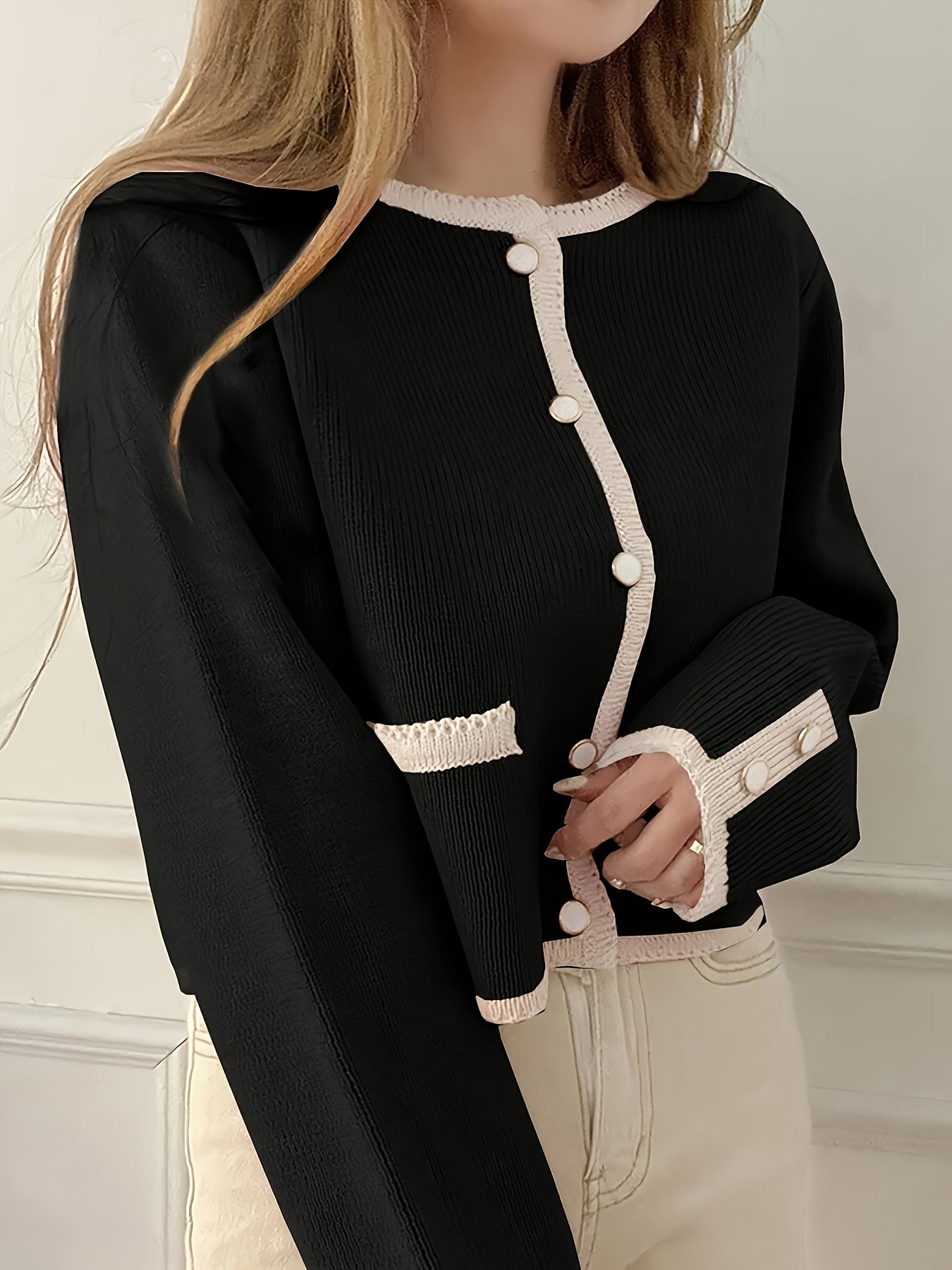 Women'S Elegant Cardigan - Black & Beige Two-Tone Sweater, Long Sleeve Open Front Button Closure, Fall/Winter Layering Piece for Casual Formal Outfits - Women'S Chic Sweater, Cardigan Sweater, Winter Fashion, Stylish Knitwear